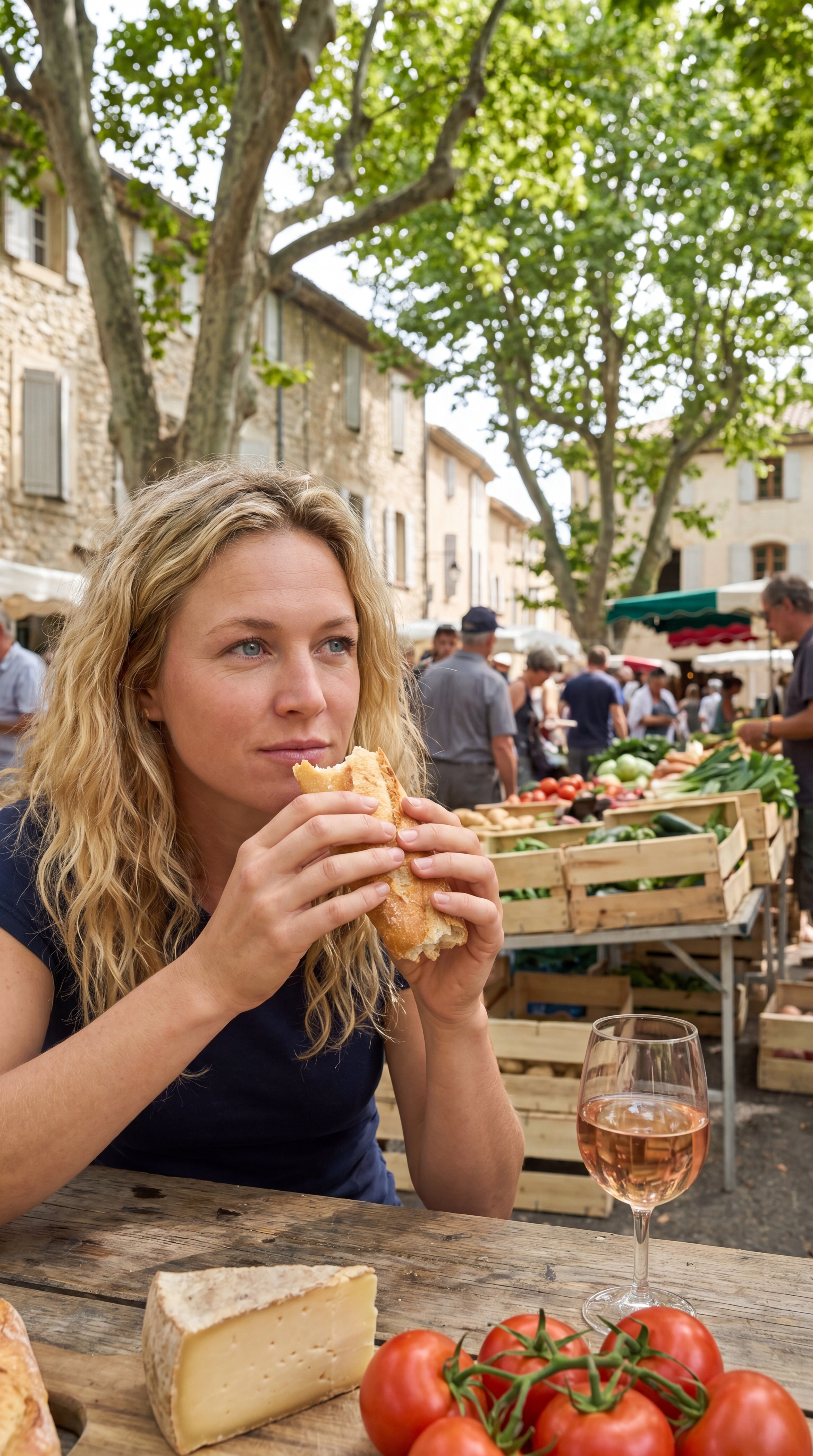 Chef Ally at an open-air market in the South of France, baskets of just-picked vegetables and fruit around her in soft morning light