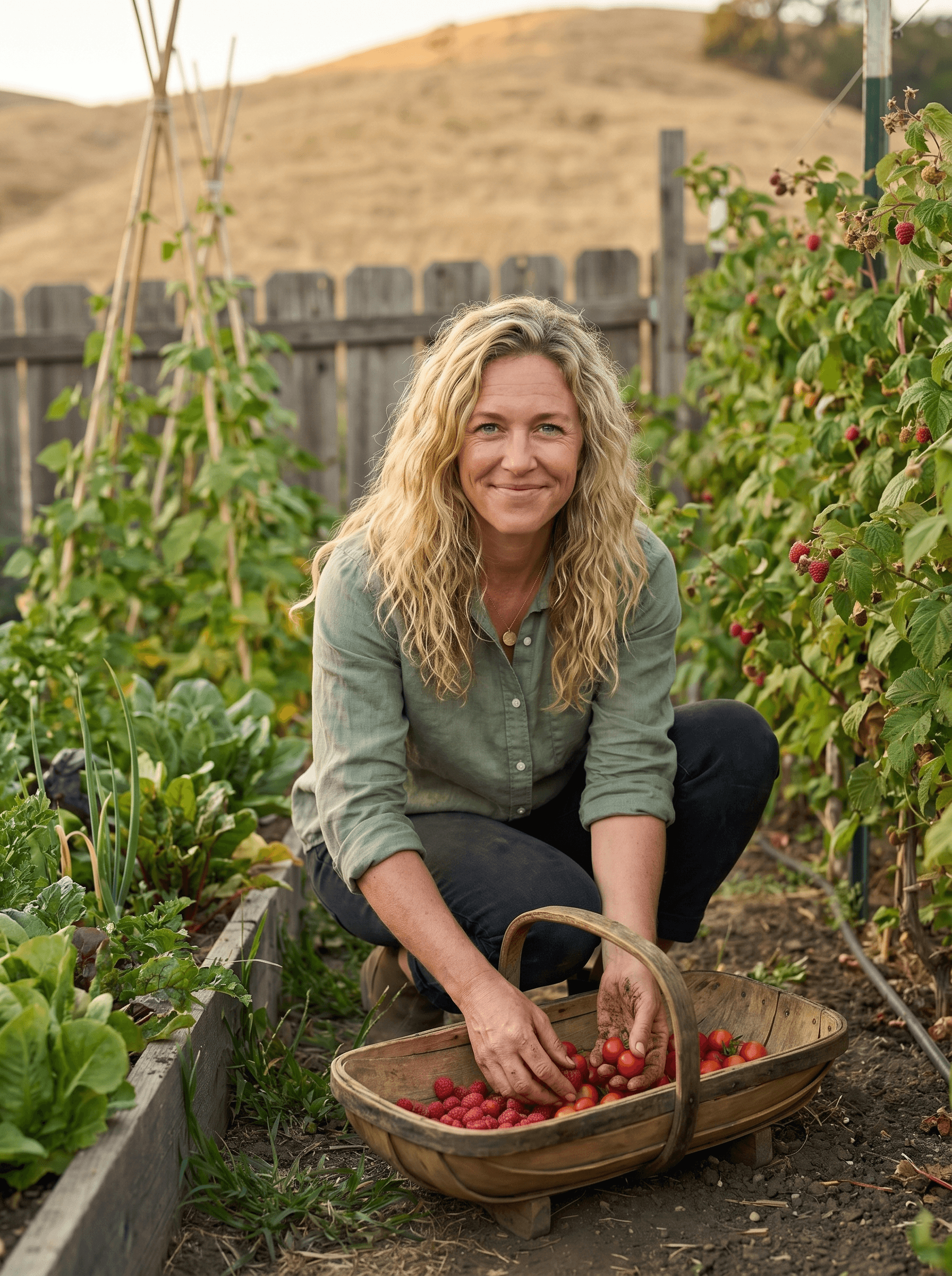 Chef Ally as a young woman picking ripe produce in a Sonoma County garden beside her grandmother, full baskets of vegetables between them