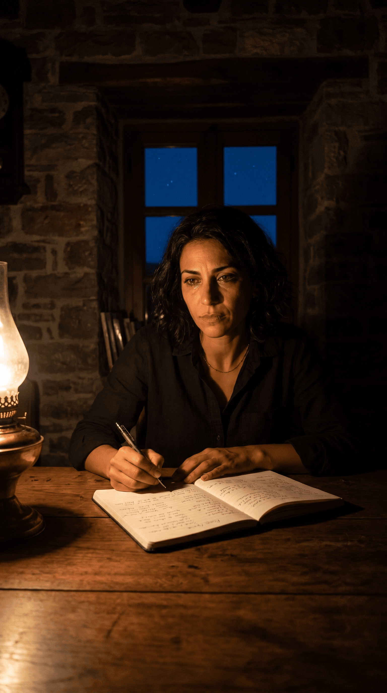Dimitra writing at a kitchen table at night, an open notebook and a single glass of water beside her