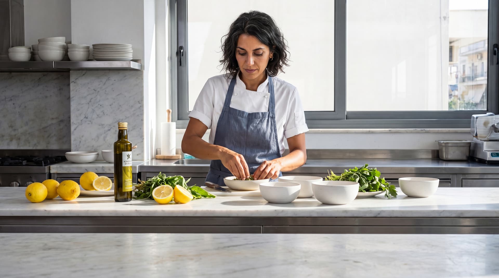 Chef Dimitra in a bright modern Thessaloniki kitchen, white marble counter and green-gold olive oil catching the hard daylight