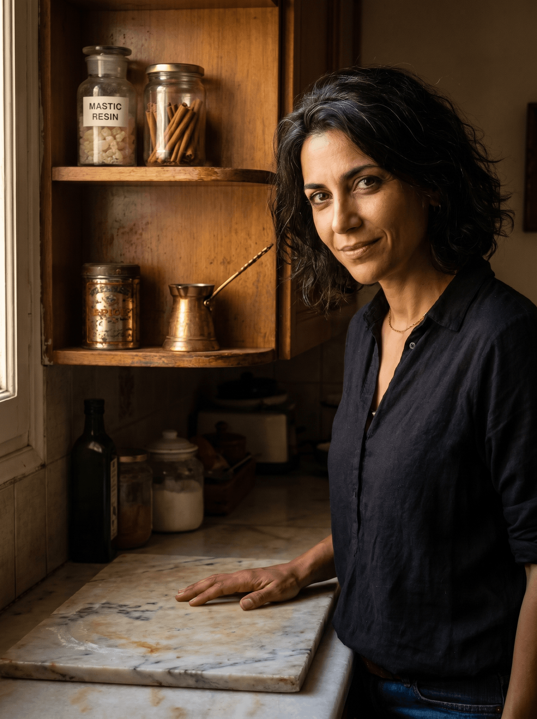 A young Dimitra at her grandmother Despina's Thessaloniki stove, the kitchen lit by warm afternoon light