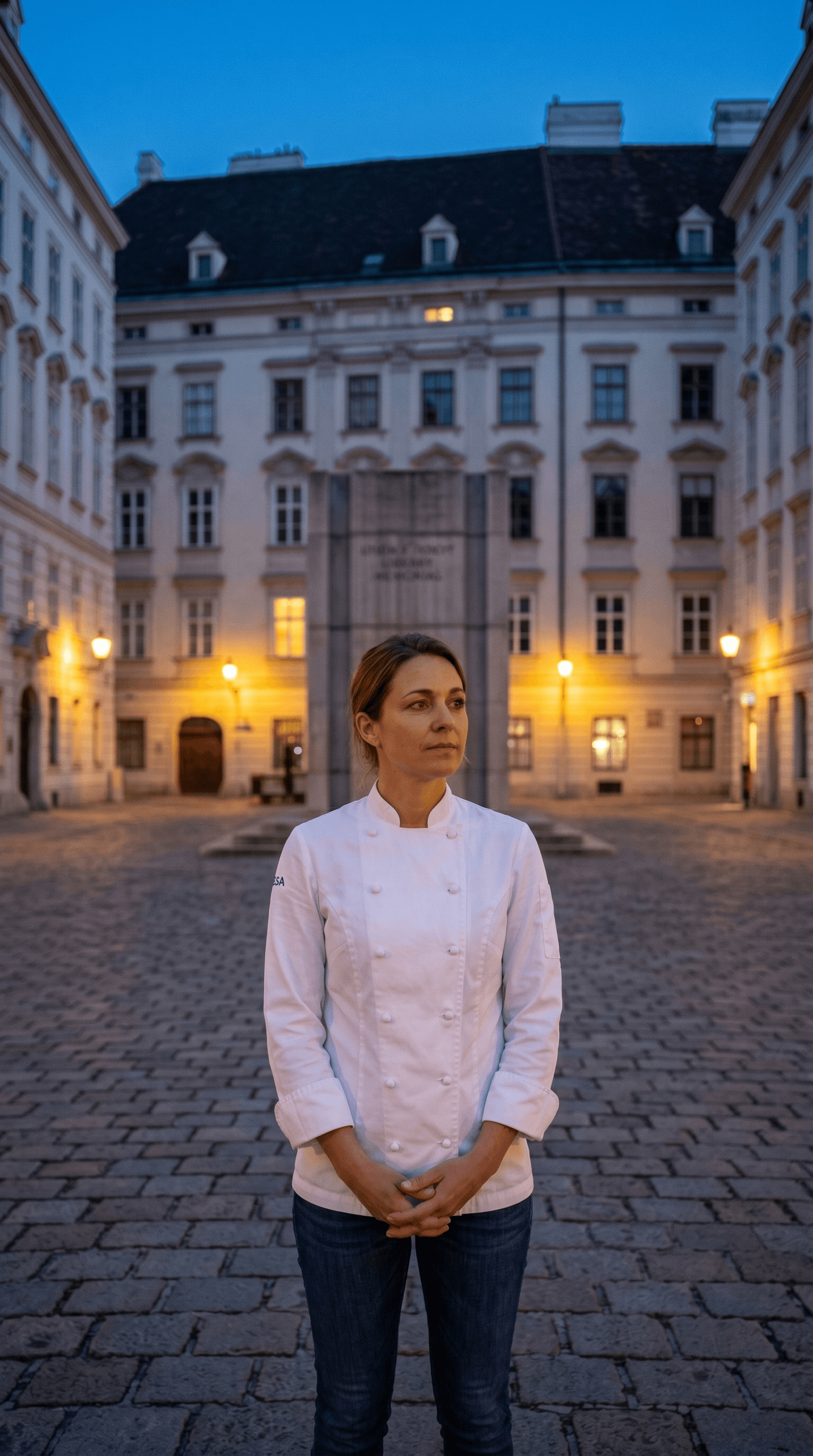 Chef Elsa in chef whites standing in a Vienna courtyard at dusk, the city's baroque facades behind her