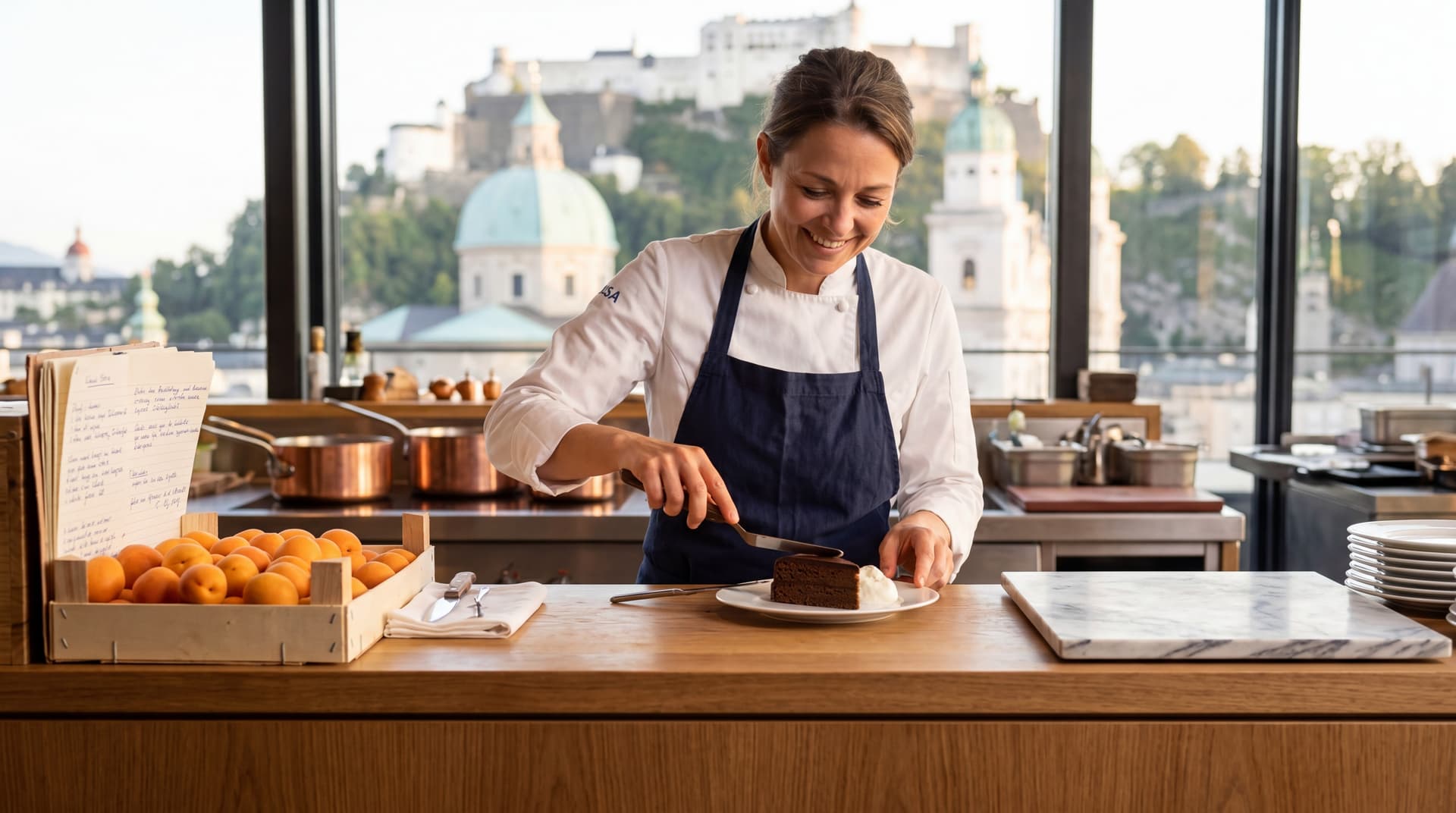 Chef Elsa slicing a Sachertorte at her Salzburg restaurant counter, the city's cathedral domes and Hohensalzburg fortress framed in the windows behind her