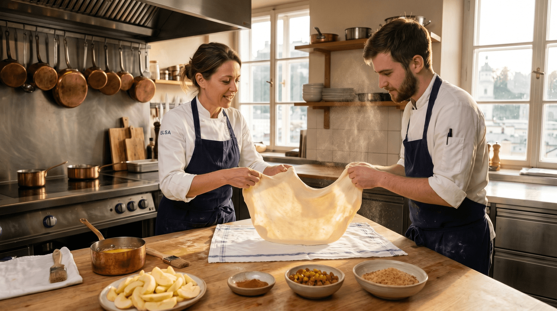 Chef Elsa hand-stretching Apfelstrudel dough at a prep table beside her sous chef, mise en place ready in bowls below