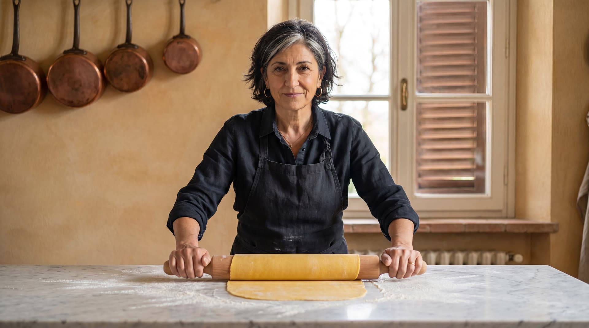 Chef Graziella at a flour-dusted wooden table rolling a wide sheet of fresh egg pasta, an Emilia-Romagna kitchen behind her