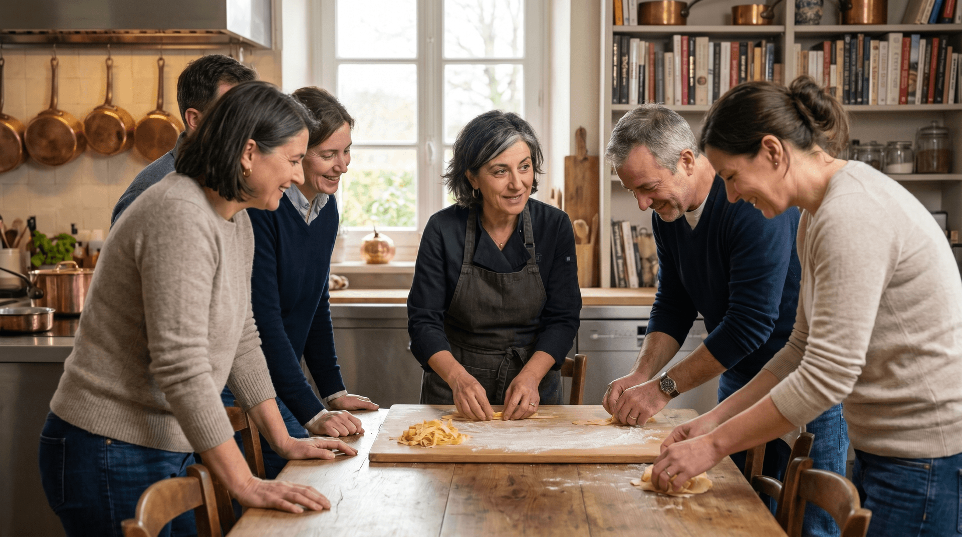 Chef Graziella at a wide kitchen counter with a plate of simply sauced pasta before her, demonstrating restraint to the camera