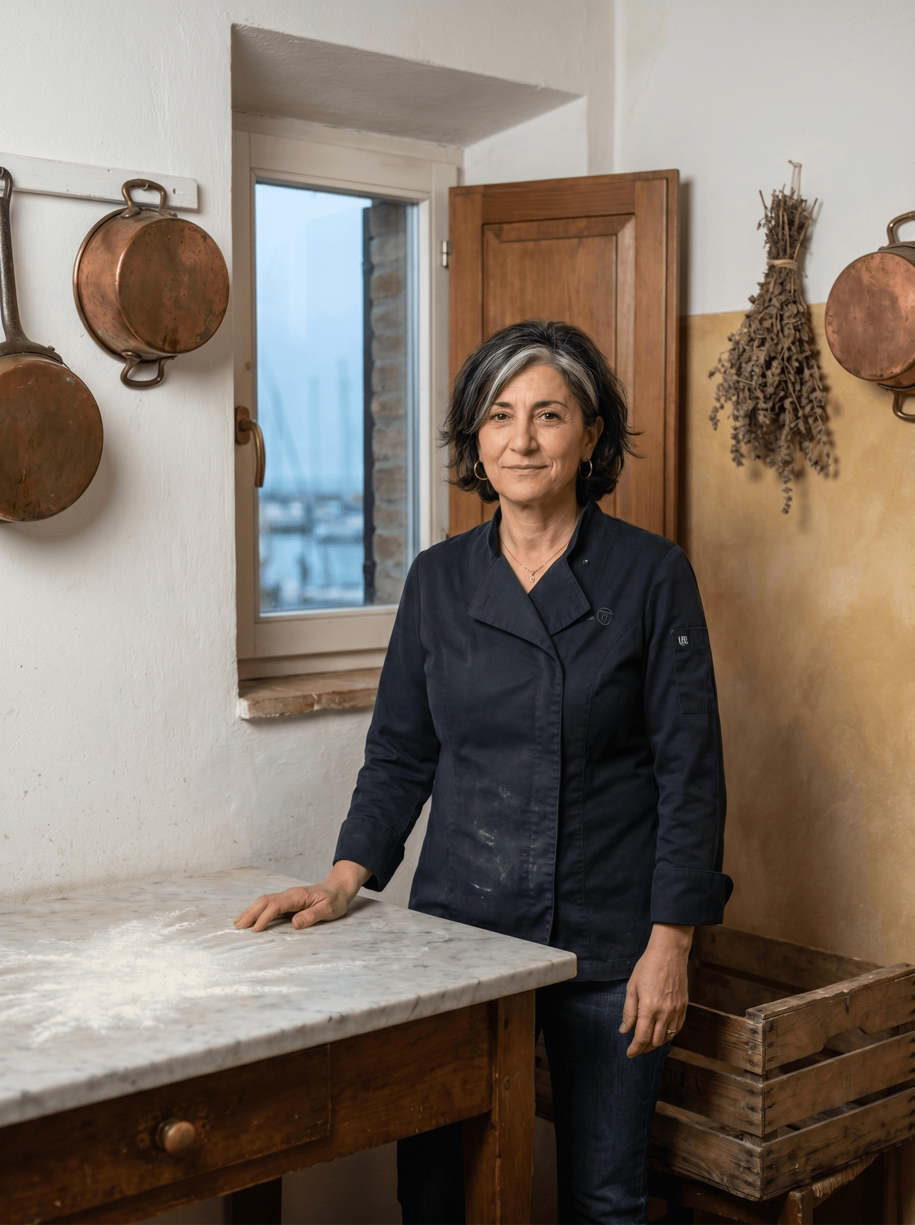 A young Graziella standing on a crate beside her grandmother in a Cesenatico kitchen, a wide sheet of fresh pasta draped across the table