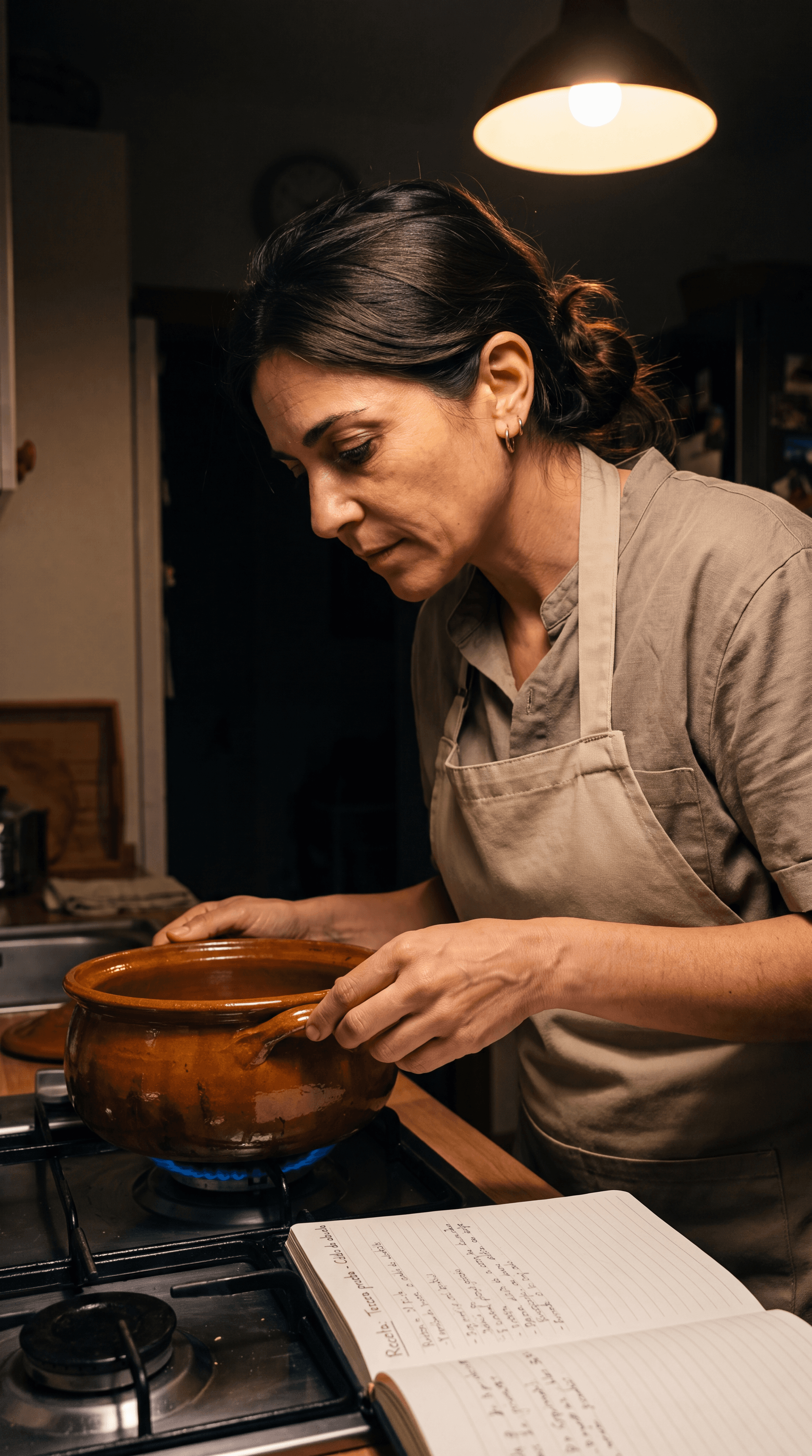 Chef Isabel alone at her stove testing a bean stew, a handwritten notebook open on the counter beside her