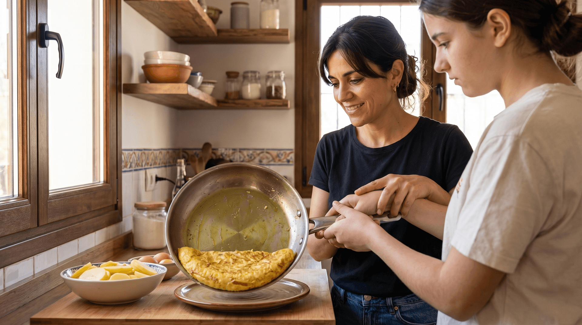 Chef Isabel plating a family-style bean stew in glazed earthenware on a sunlit kitchen counter