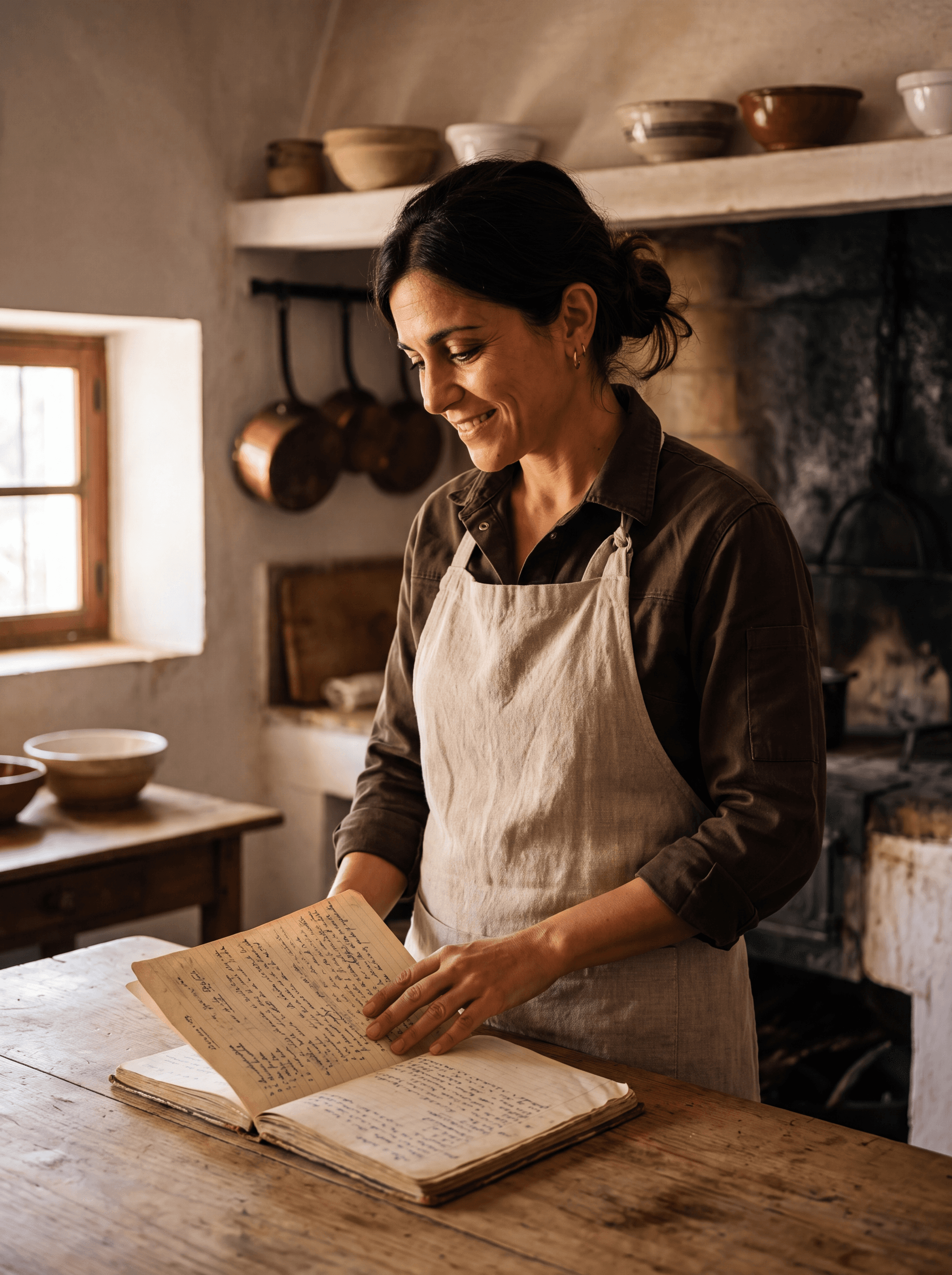 Chef Isabel at a worn kitchen table with an open handwritten recipe notebook, a pot simmering beside her
