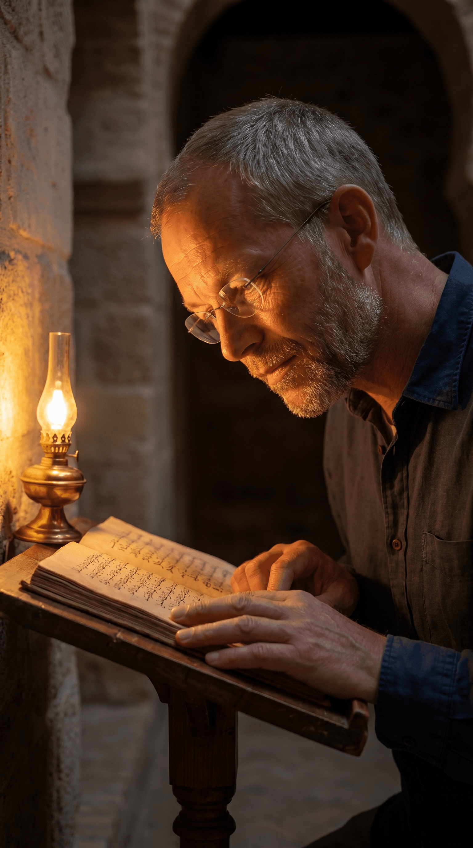 Chef Joost reading a medieval manuscript by lamplight at a stone archive in Fez