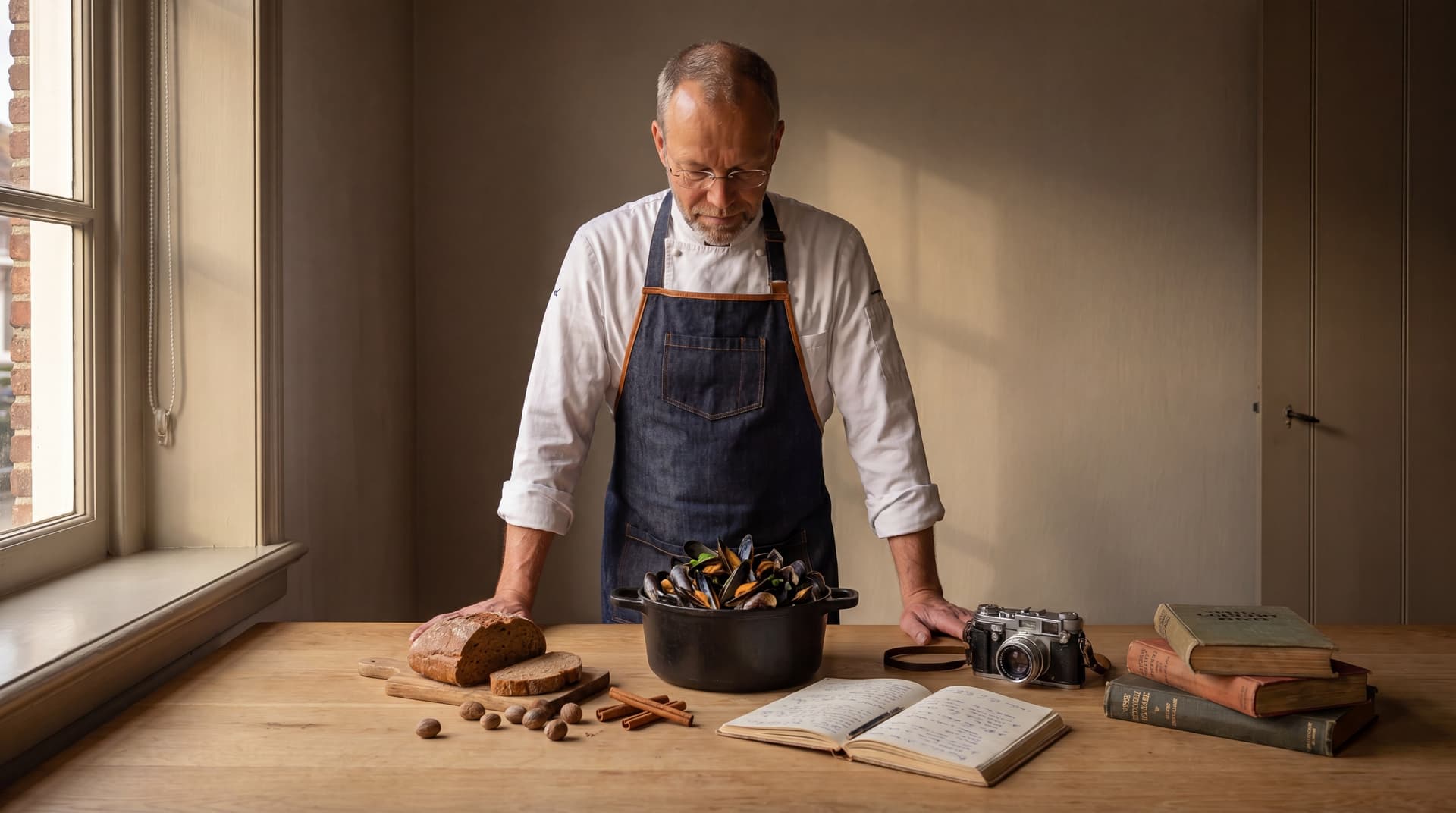 Chef Joost at a wooden table in low window light, a pot of mussels, brown bread, whole nutmeg, an open notebook, and a stack of old books before him