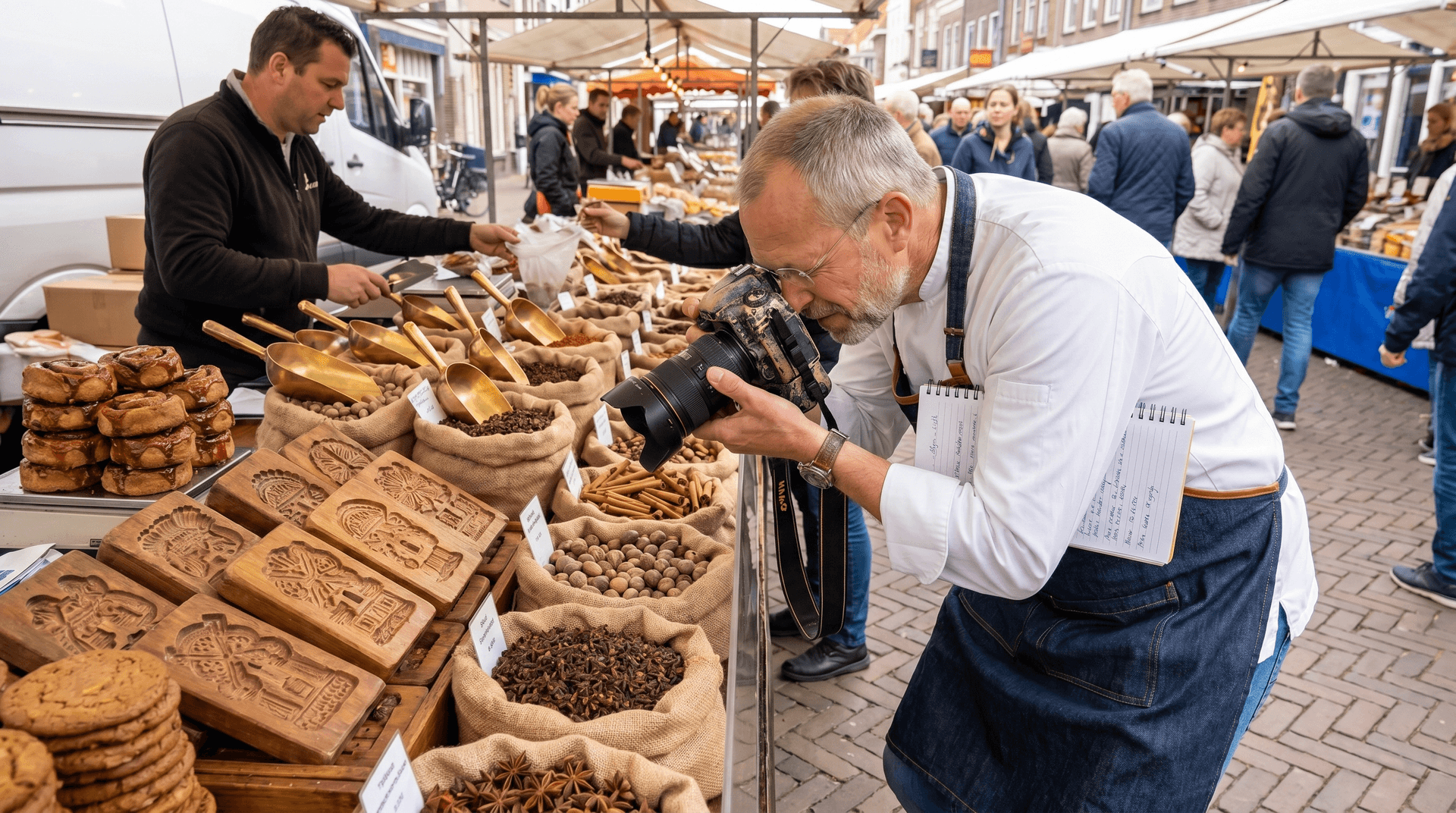 Chef Joost photographing carved speculaas molds and sacks of whole spices at a Dutch market stall