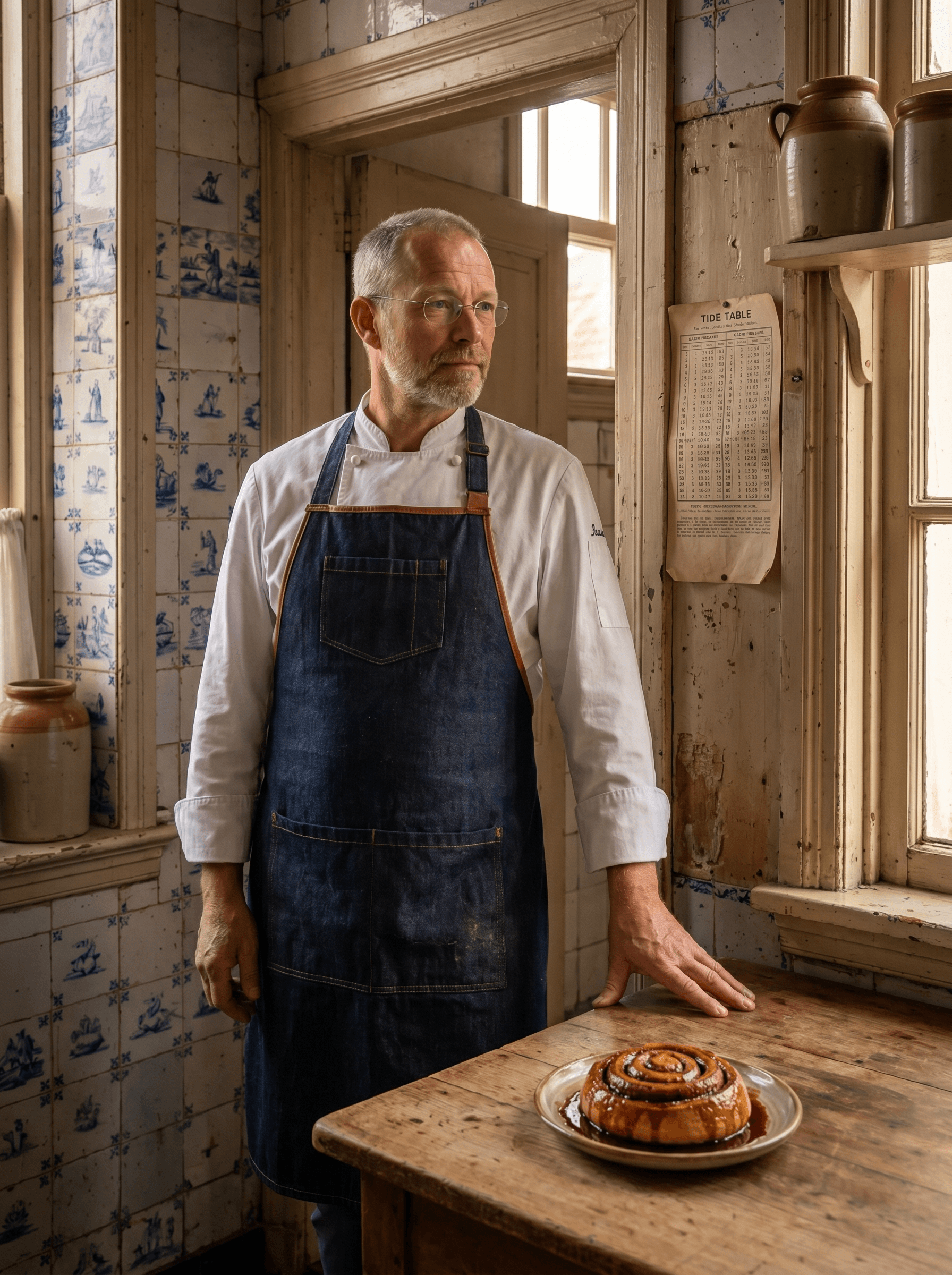 Chef Joost in an old Delft-tiled Zeeland kitchen, a sticky bolus spiral on the table and a tide table pinned to the wall