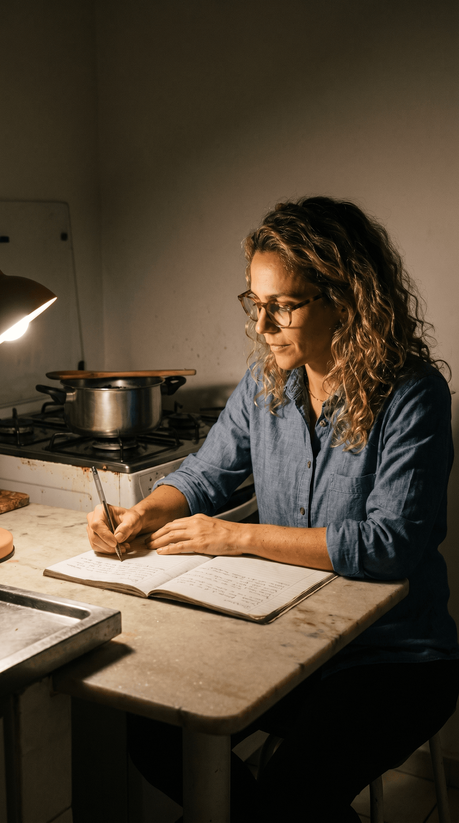 Chef Juliana writing recipe steps by hand in a worn school notebook at her kitchen table