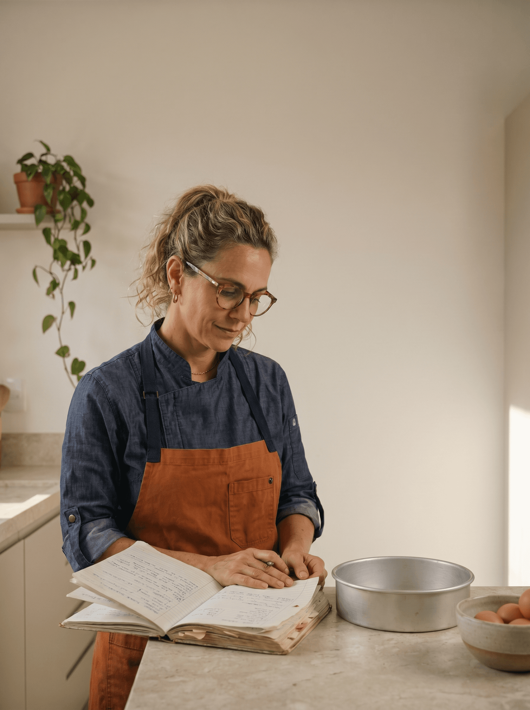 A young Juliana at her grandmother's kitchen counter in São Paulo, learning to bake