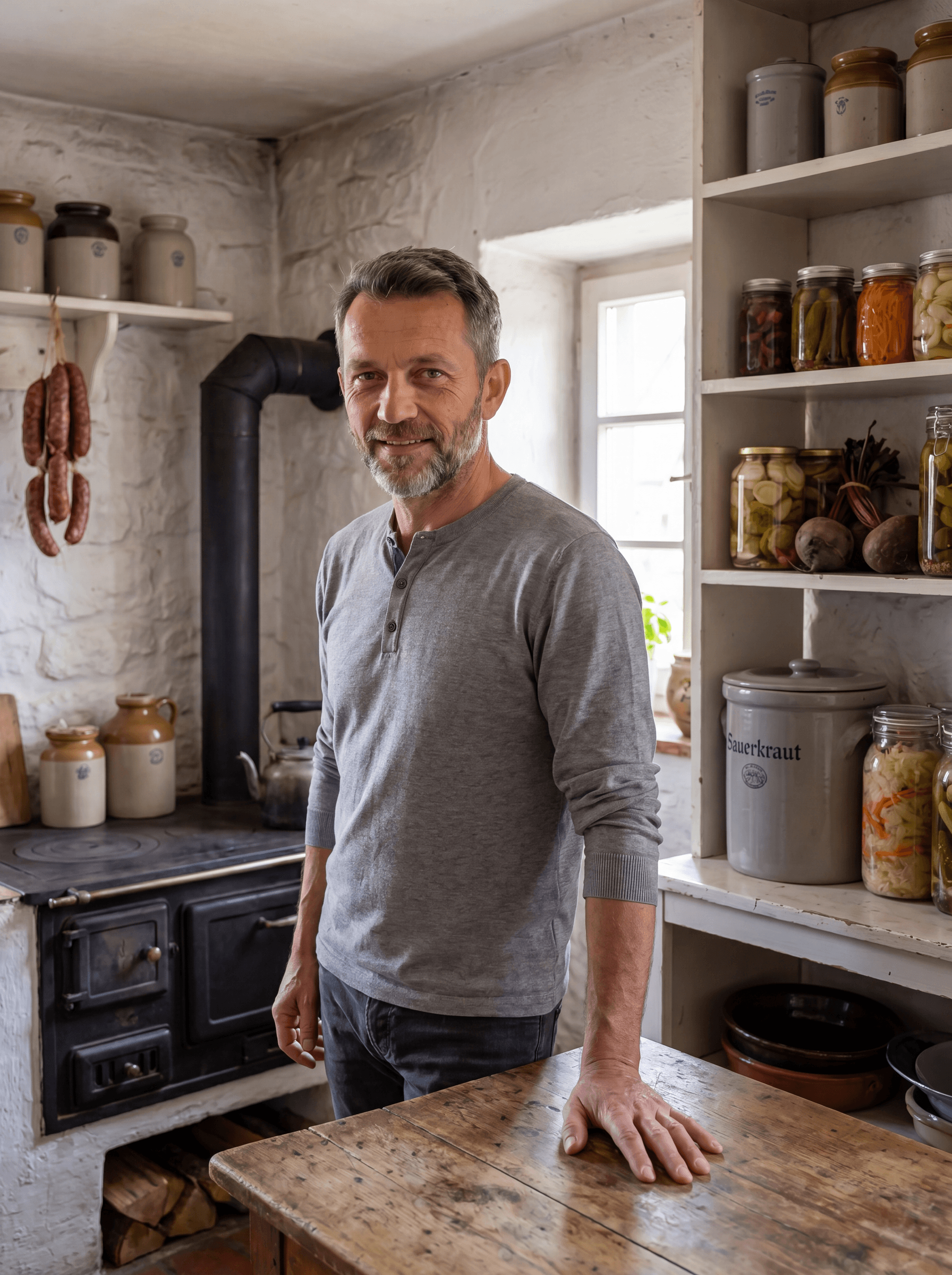 Chef Klaus in an old farmhouse kitchen beside a black cast-iron wood stove, cured sausages hanging and shelves of preserving jars and a Sauerkraut crock behind him