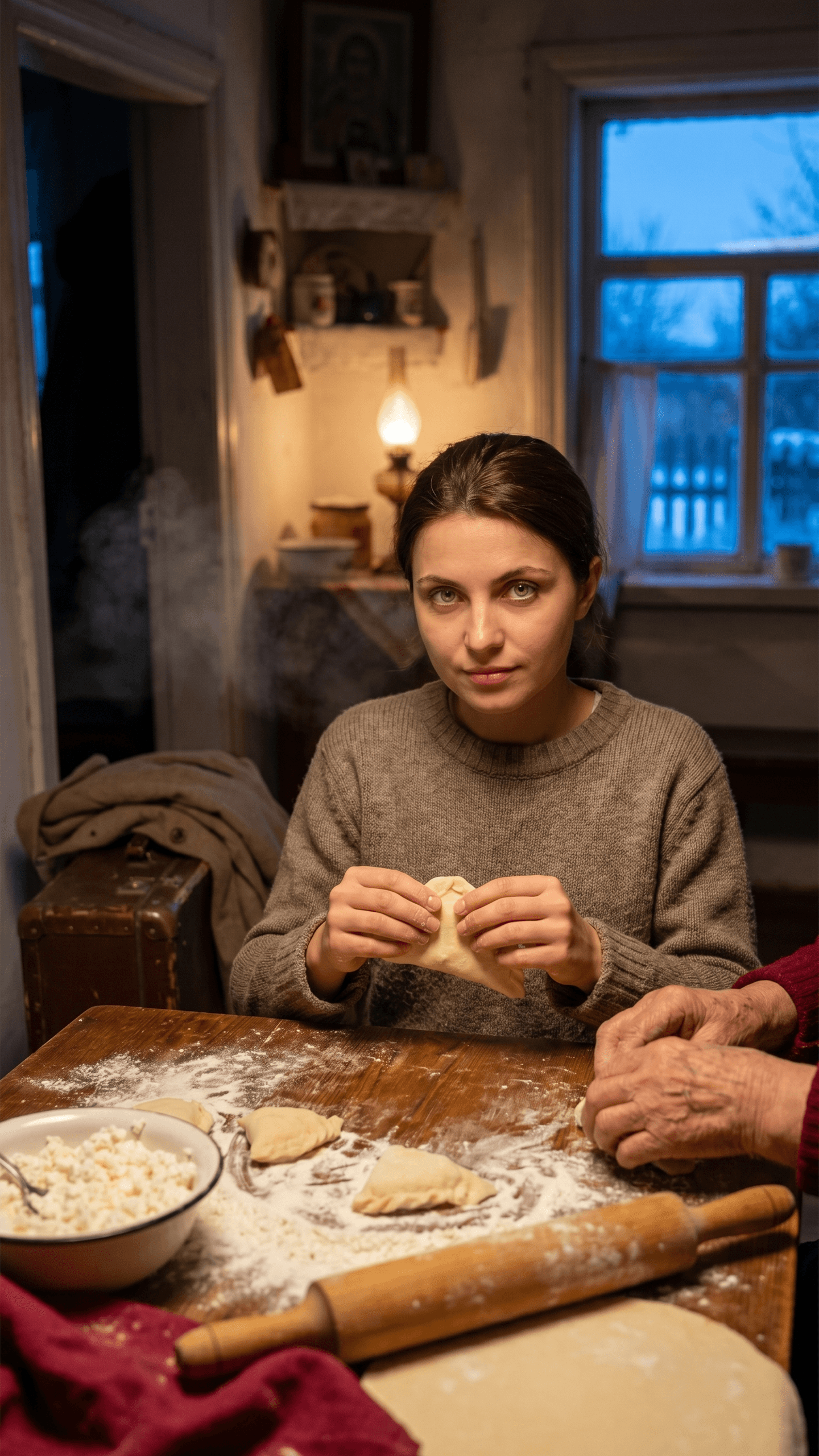 A young Lesia holding a folded varenyky at a floured table while an older woman's hands rest beside the dough