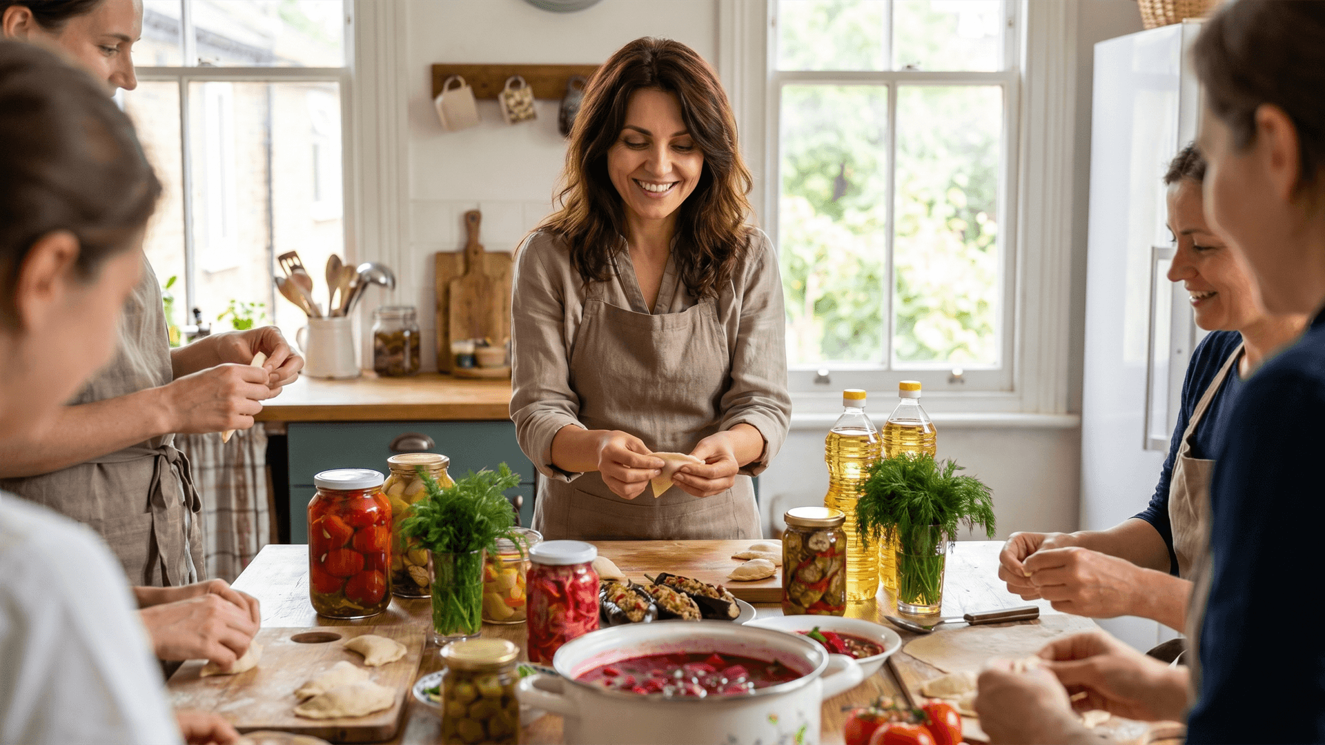 Chef Lesia teaching students to fold varenyky around a kitchen table set with borshch, ferments, dill, and sunflower oil