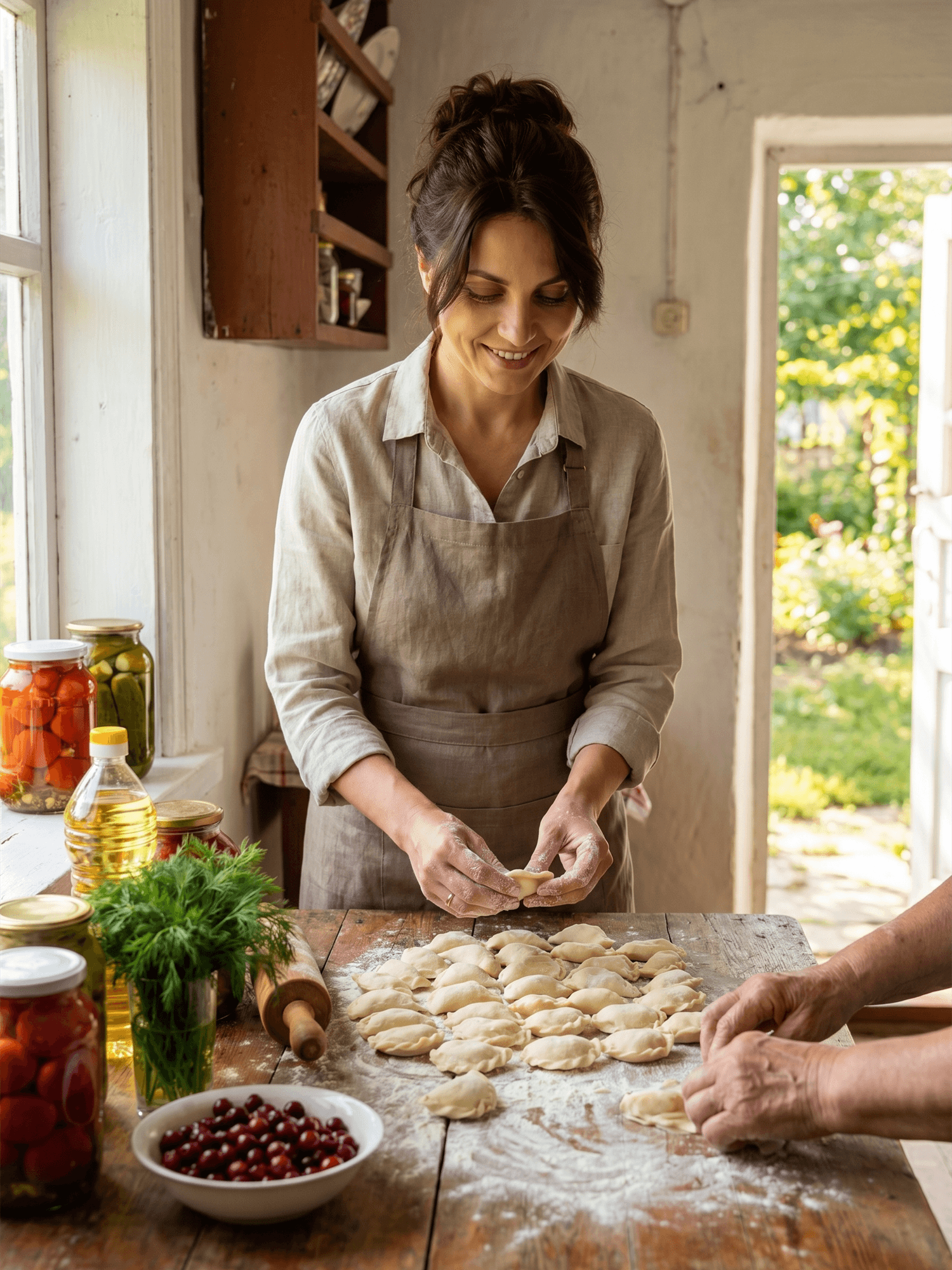 Chef Lesia shaping varenyky beside jars of tomatoes, cucumbers, dill, sunflower oil, and a bowl of sour cherries