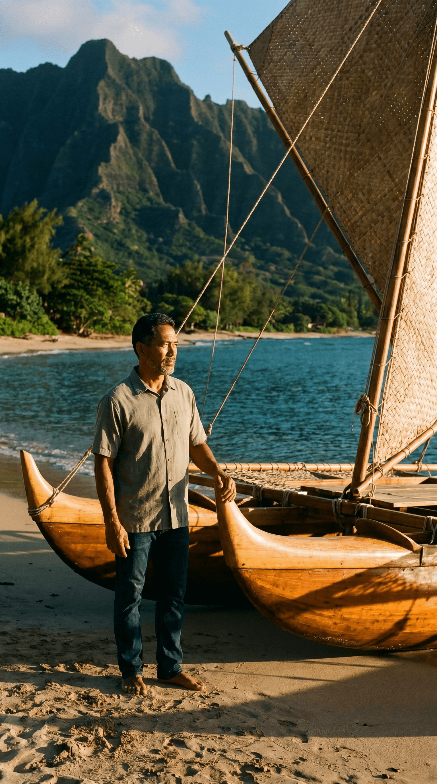 Chef Makoa standing on a windward Oʻahu beach beside a traditional Hawaiian sailing canoe with a woven crab-claw sail, the turquoise bay and the Koʻolau pali behind him in golden light