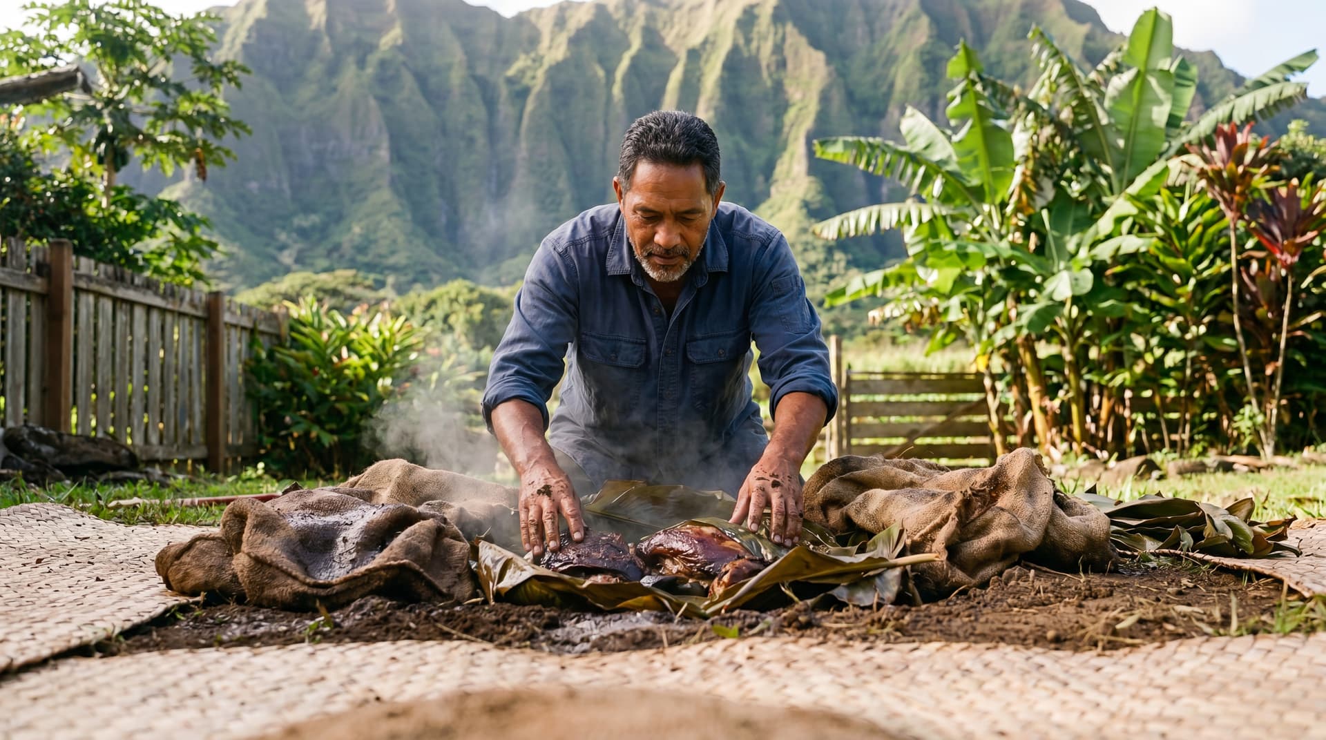 Chef Makoa kneeling at an open imu in a windward Oʻahu yard, banana leaves folded back from leaf-wrapped bundles, burlap and earth pulled aside, the green Koʻolau pali rising behind him