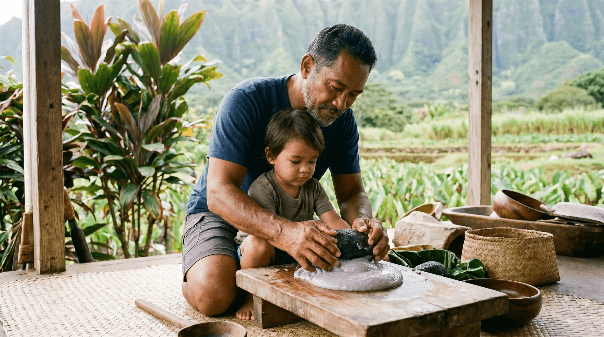 Chef Makoa kneeling at the papa kuʻi ʻai under an open hale, guiding a small child's hands on the pōhaku over fresh lavender-grey paʻiʻai, the loʻi and green pali behind them