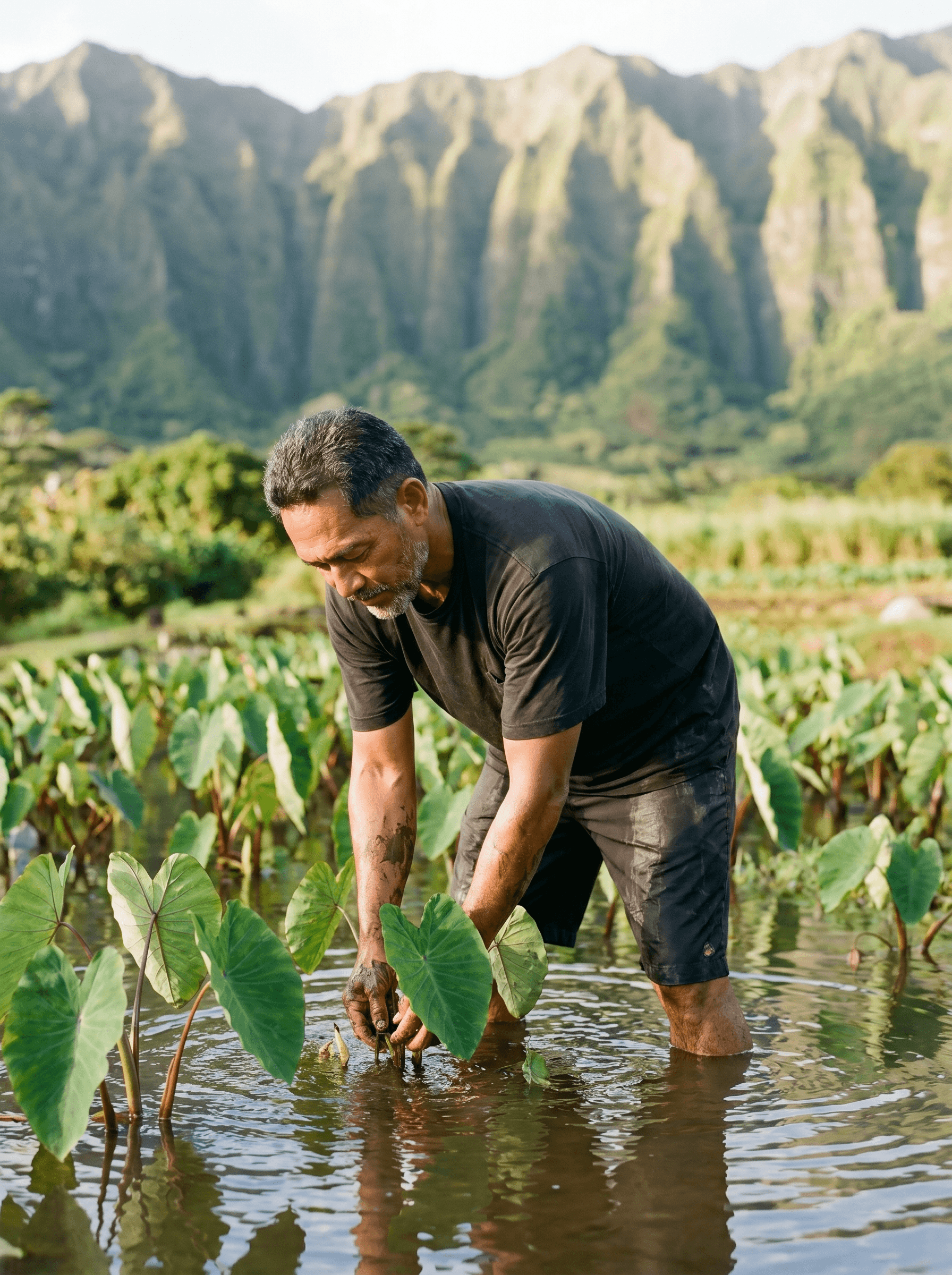 Chef Makoa bent over the family loʻi in knee-deep water, hands at the base of a young kalo plant, heart-shaped taro leaves around him and the green pali behind