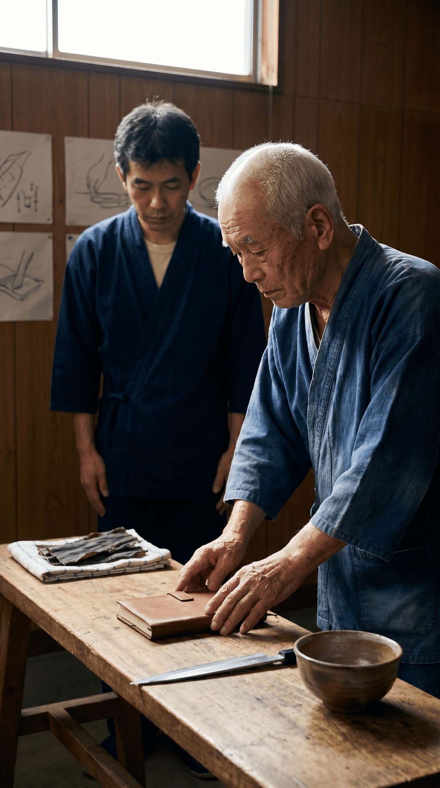 Chef Takumi bent over a worn cookery book at his bench, studying a page by the light of a single window