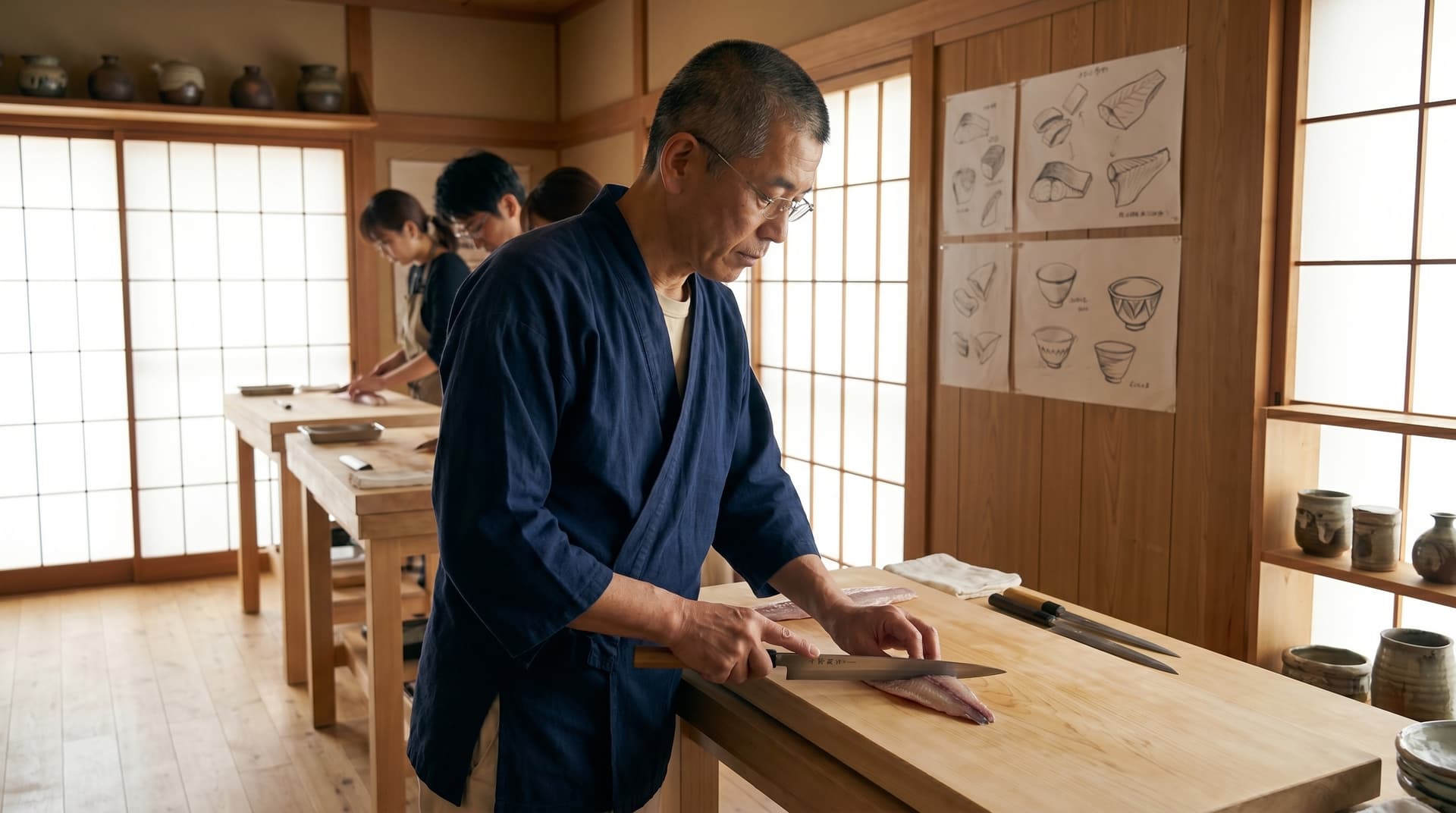 Chef Takumi at a wooden bench in Osaka, a sharp knife and a block of fish before him, line-drawing notebooks pinned to the wall behind