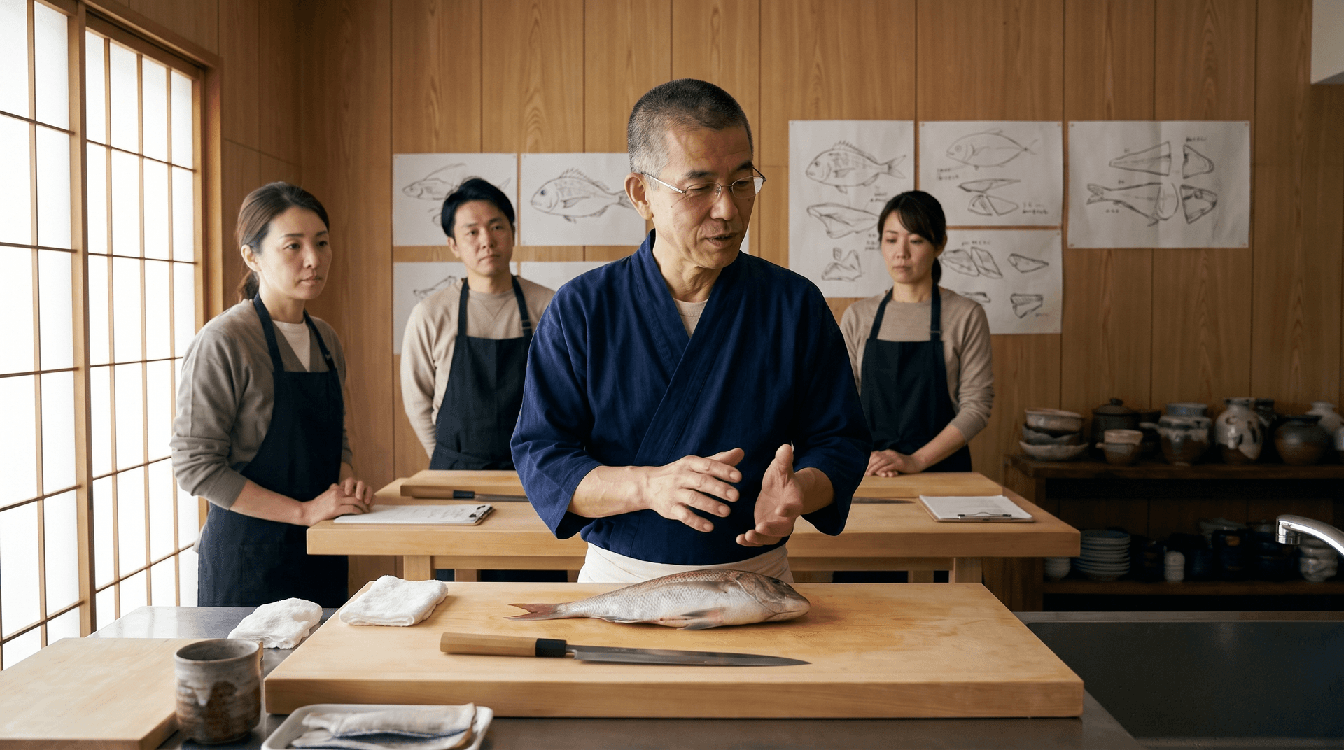 Chef Takumi lifting konbu from a pot of barely trembling water, building the first dashi of the day