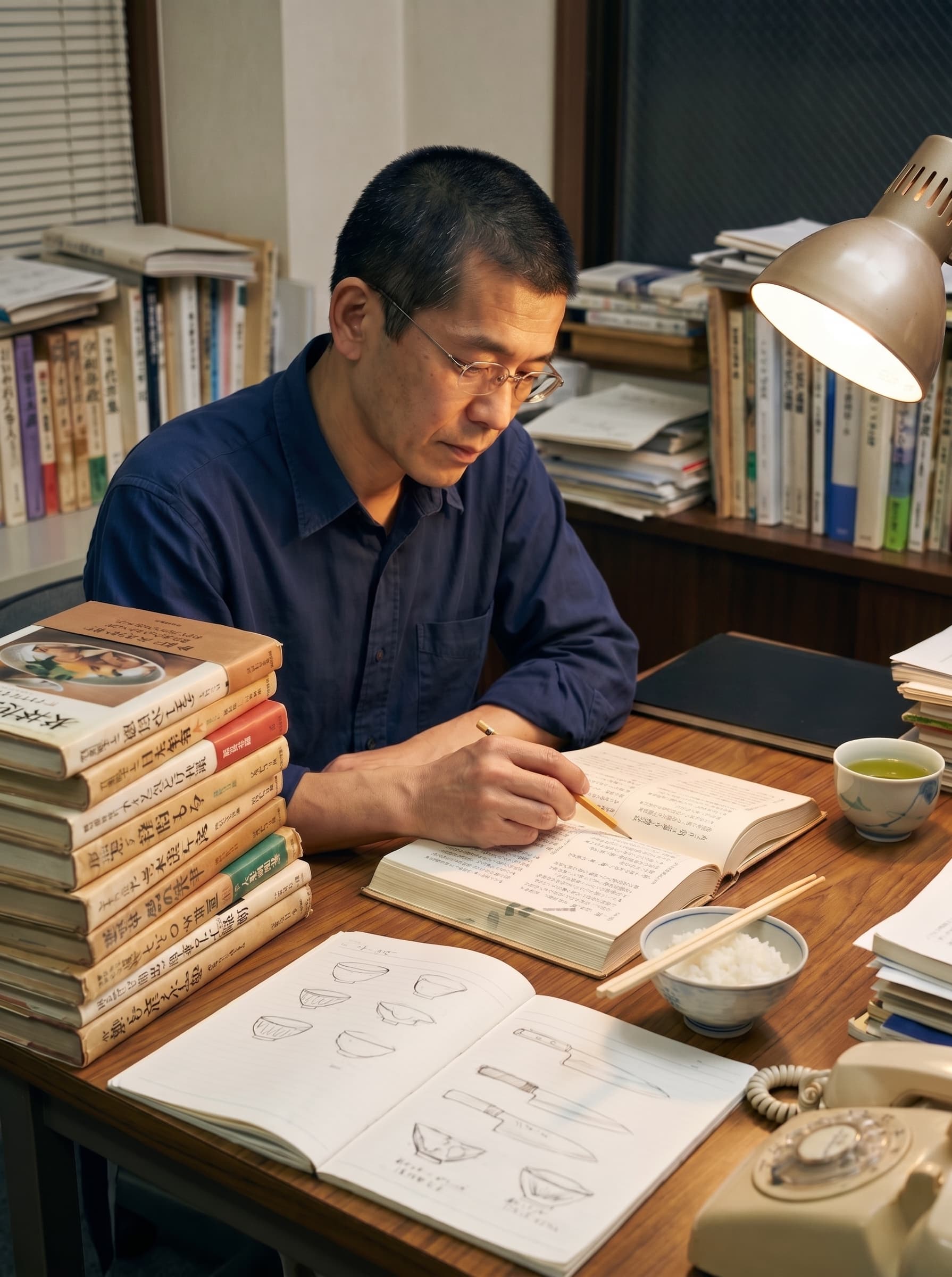 Chef Takumi sketching the cuts of a fish in a notebook at his Osaka bench, line drawings pinned on the wall above