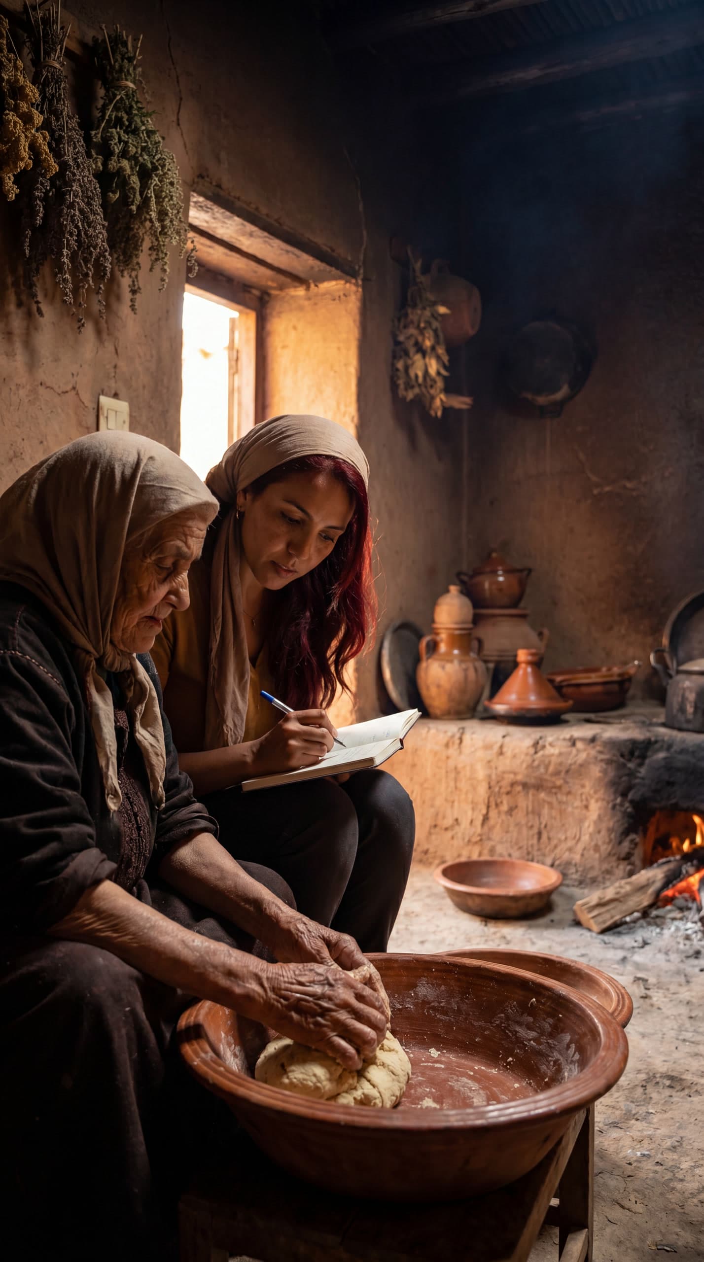Chef Zohra seated across from an elderly Moroccan woman in a village kitchen, notebook open, both leaning over a steaming pot