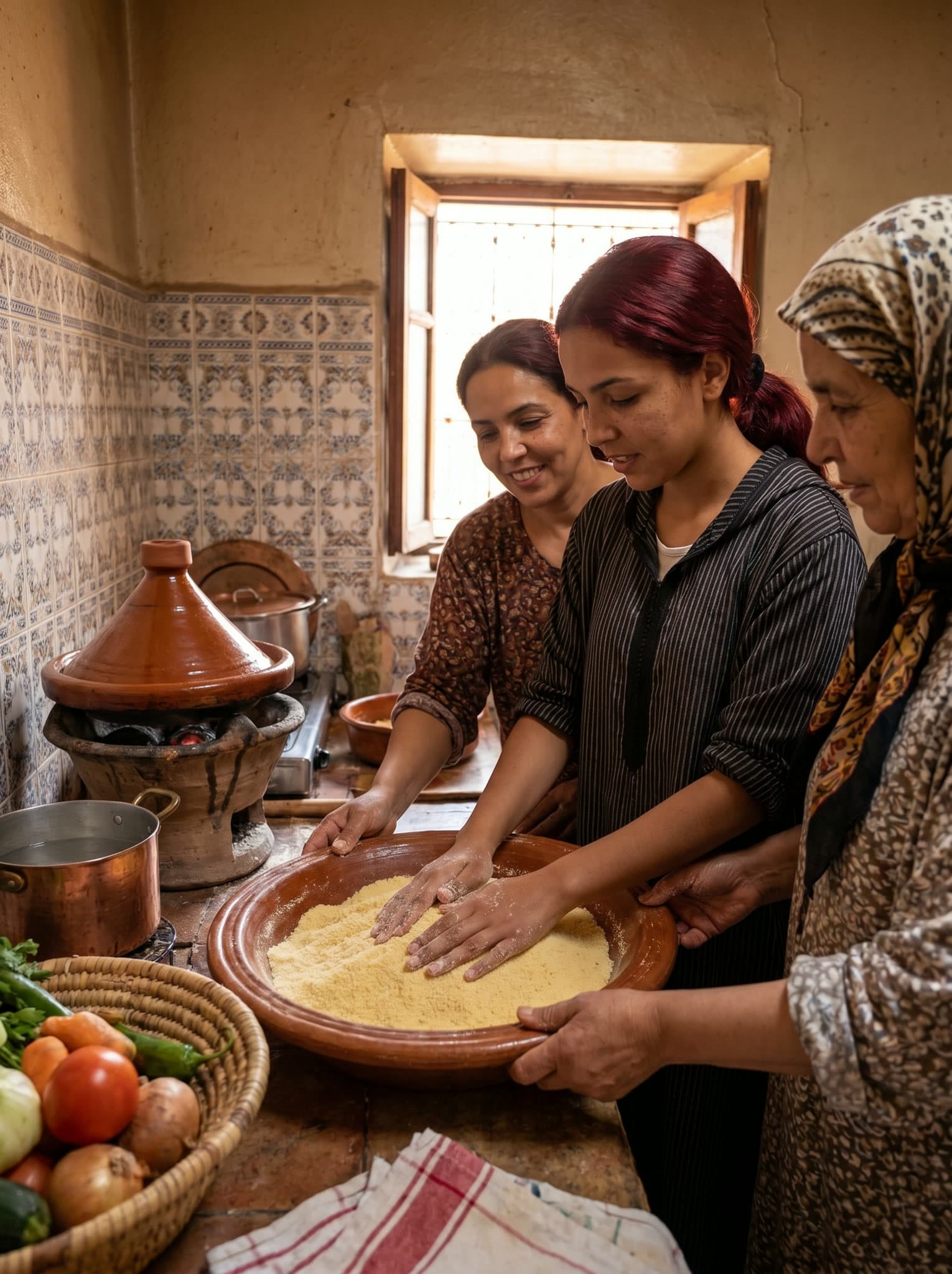 A young Zohra at her mother's side in an Oujda kitchen full of women, hands working over a low stove in warm morning light
