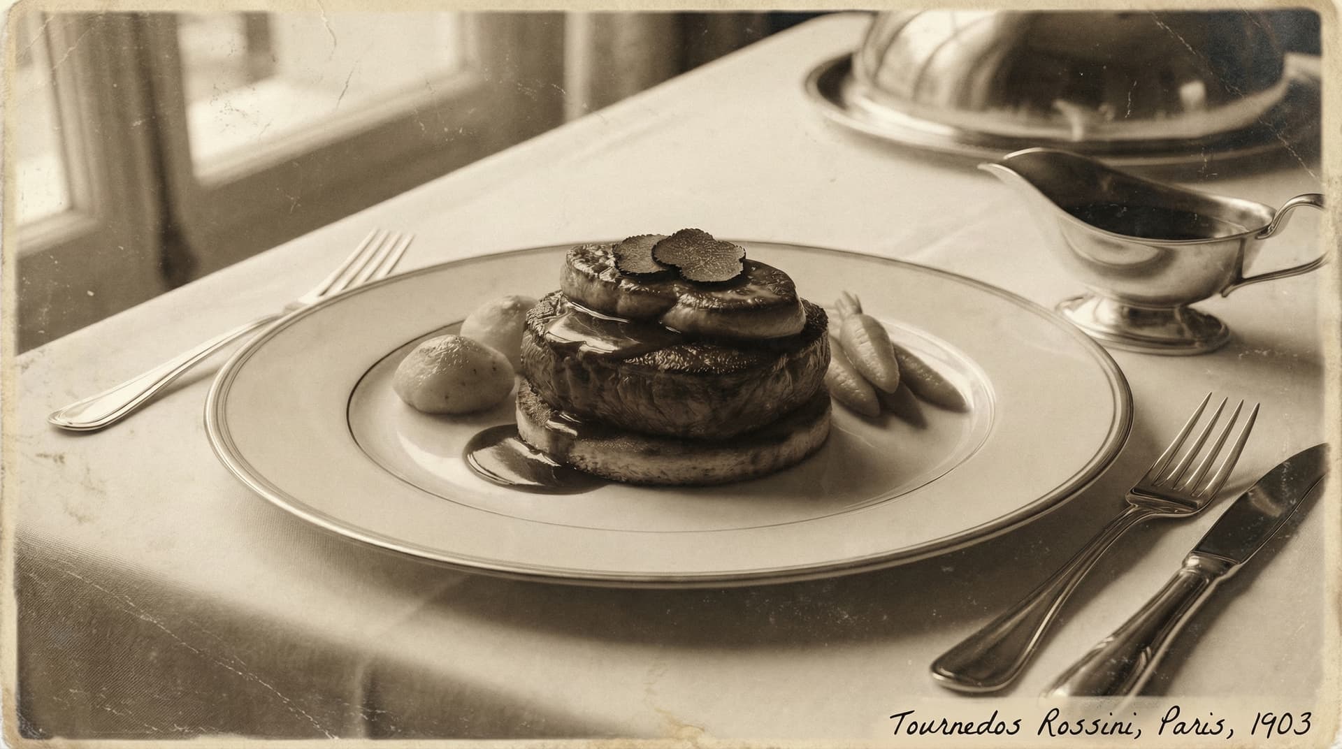 Tournedos Rossini: seared beef tournedos topped with foie gras and truffle, glazed with Madeira sauce.