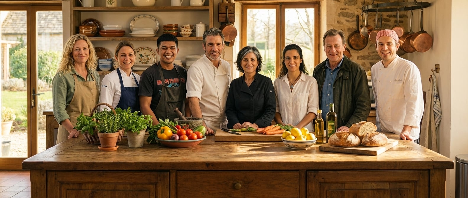 Culinary Explorer chefs gathered in a warm country kitchen