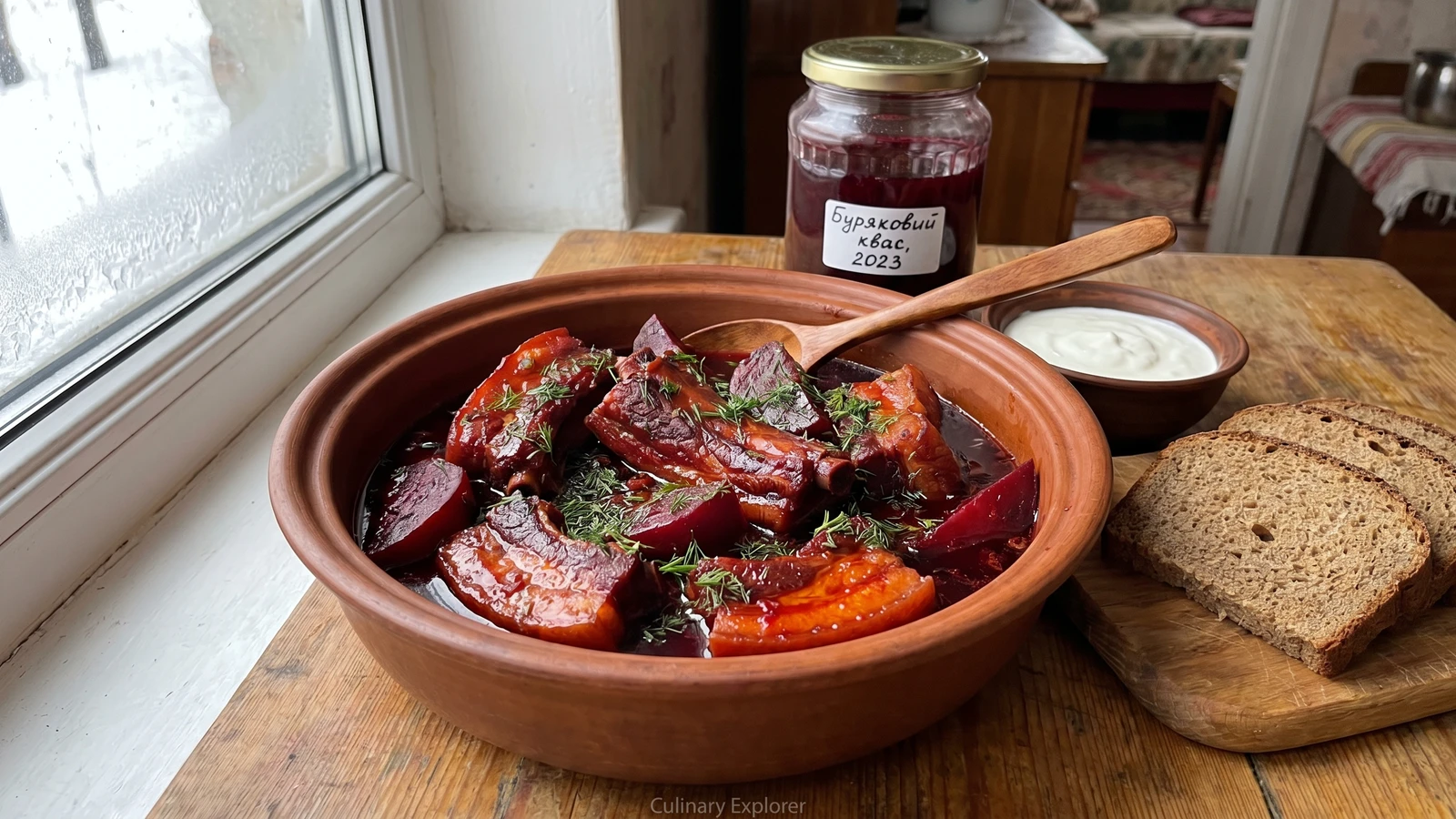 Shpundra (шпундра, pork stewed in beet kvas)