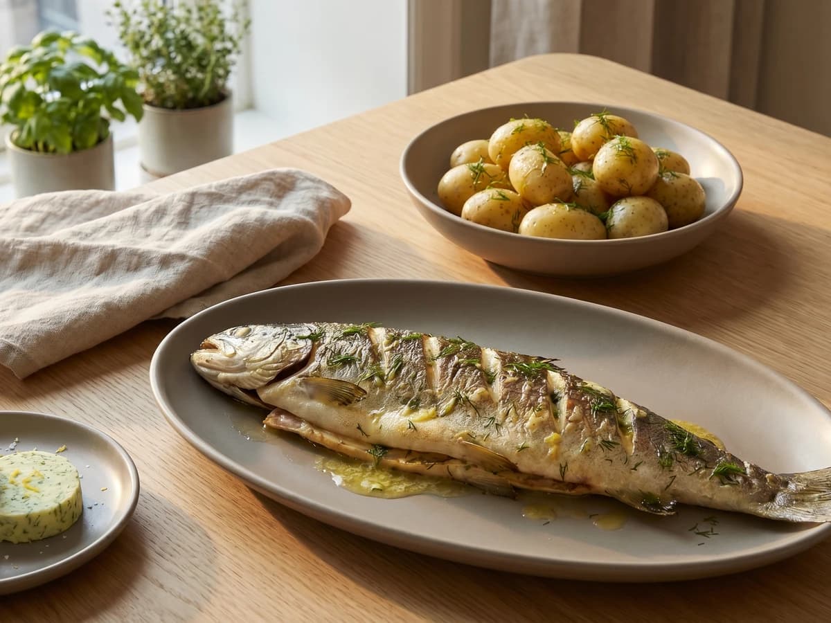 Bagt Havorred med Dildsmor og Nye Kartofler
