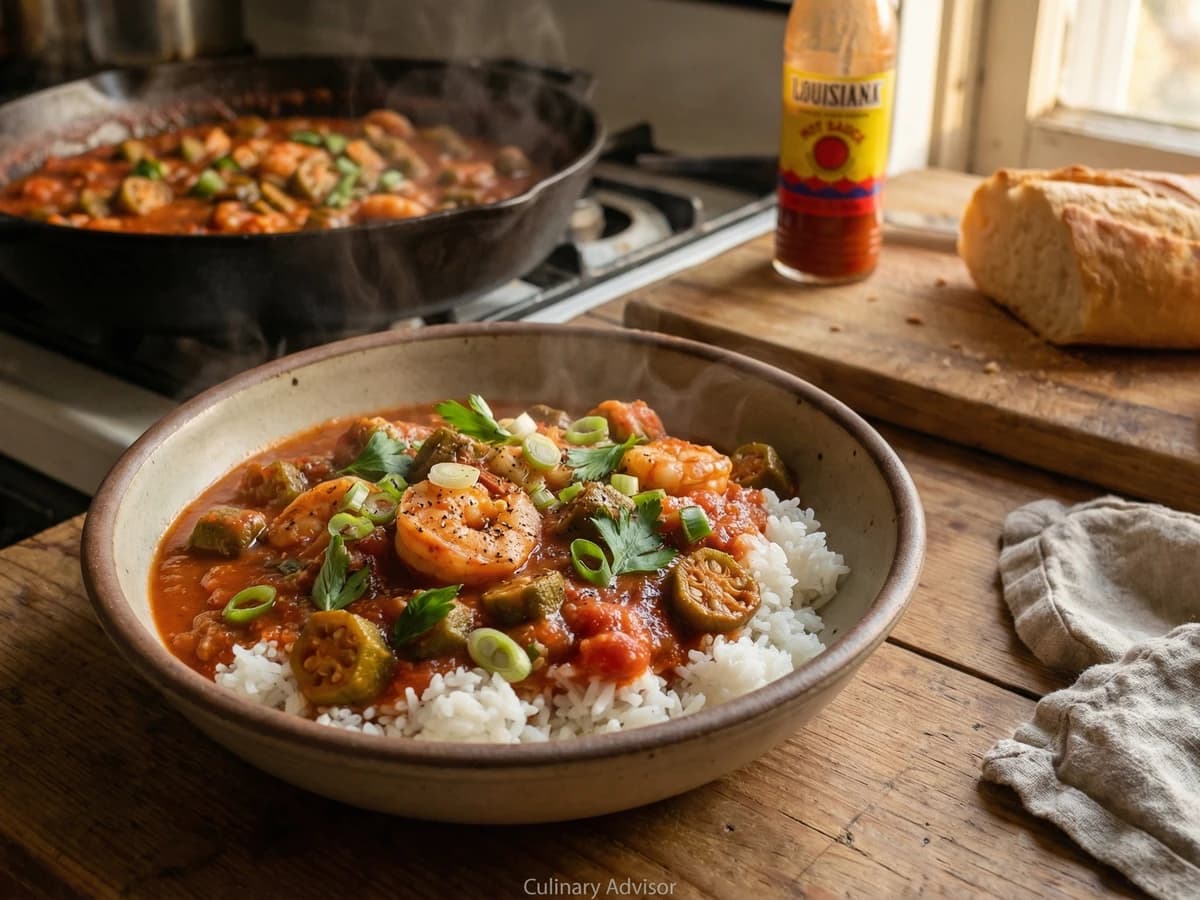 Smothered Okra with Shrimp - Chef Remy