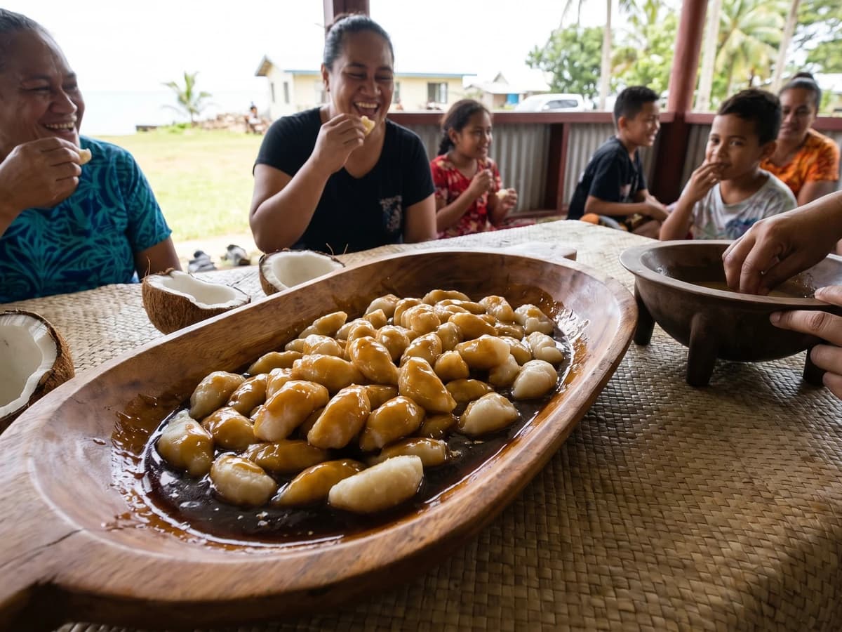 Manioke Faikakai (Tongan Cassava Dumplings in Coconut Caramel) - Chef Makoa