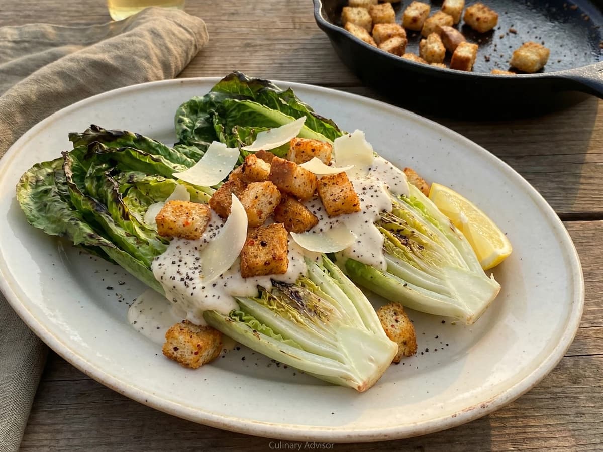 Grilled Romaine Caesar with Cajun Croutons - Chef Remy