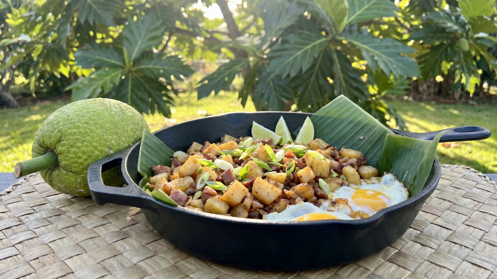 Waʻa Hash (Hawaiian Canoe-Crop ʻUlu Hash with Smoked Meat)