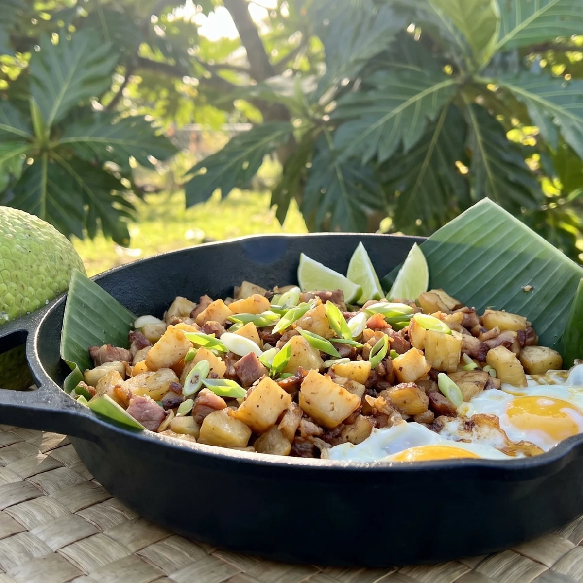 Waʻa Hash (Hawaiian Canoe-Crop ʻUlu Hash with Smoked Meat)