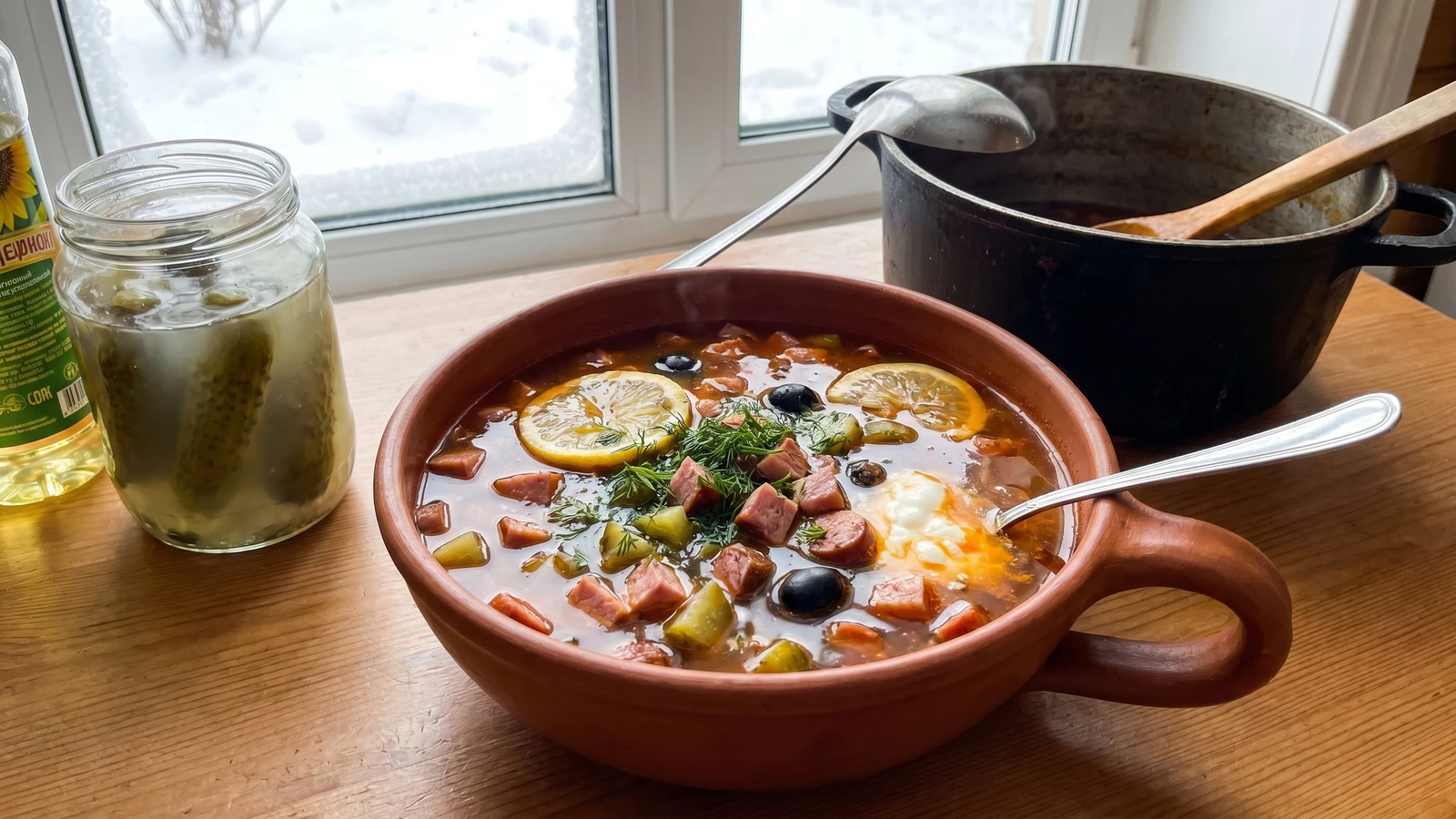 Solyanka (солянка, sour smoked-meat soup)