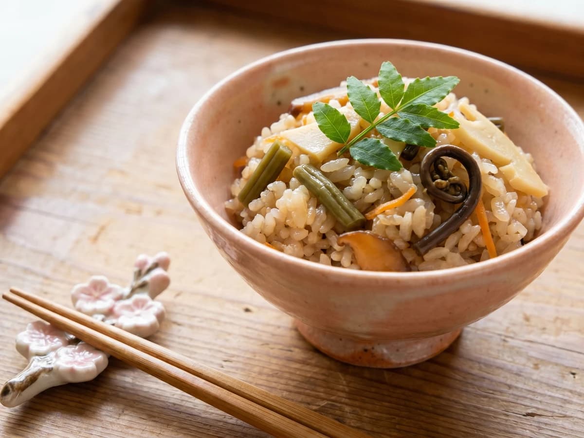 Mountain Vegetable Sticky Rice (山菜おこわ, Sansai Okowa) - Chef Takumi