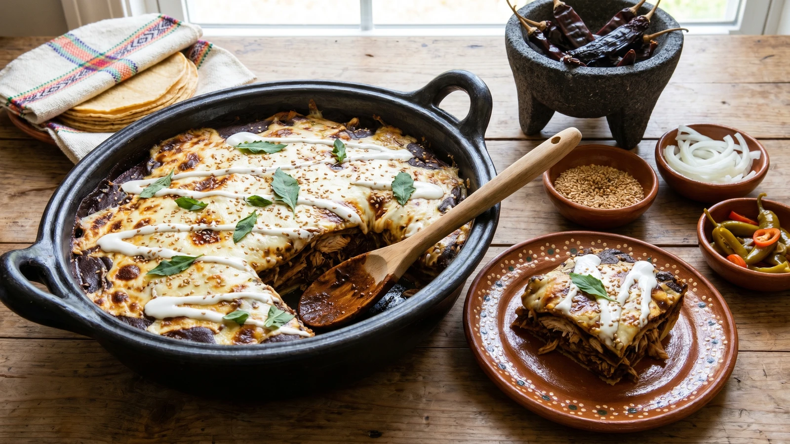 Pastel Azteca con Mole Negro y Quesillo