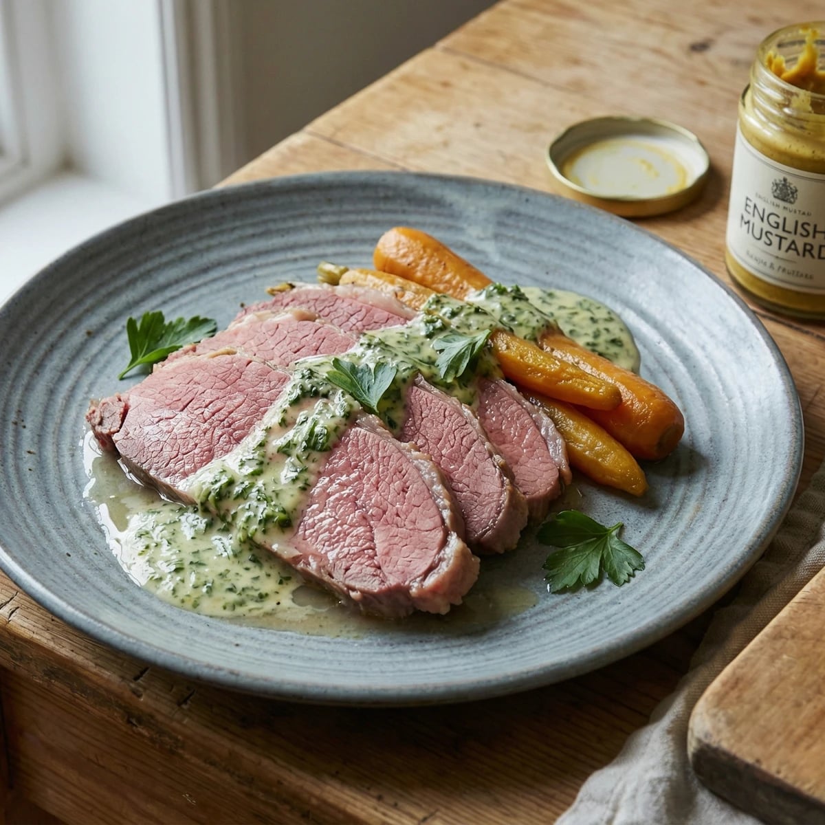 Salt Beef with Carrots and Parsley Sauce