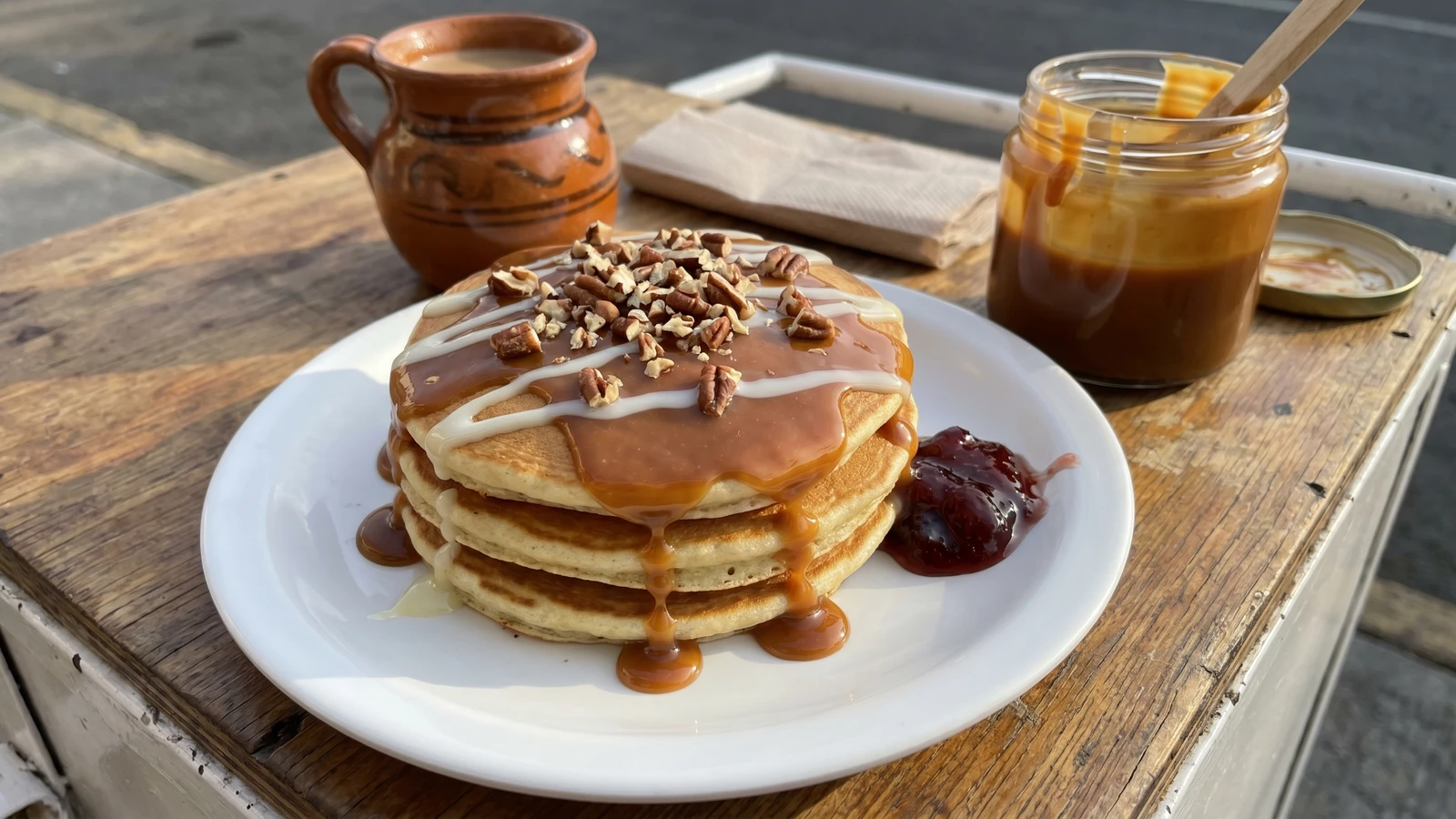 Hotcakes de Carrito con Cajeta y Nuez