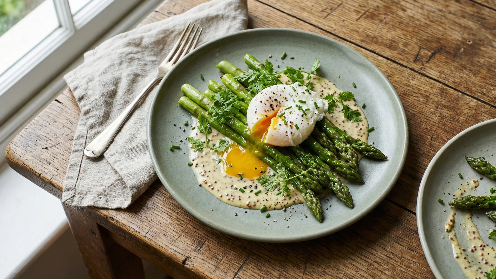 English Asparagus with a Poached Egg and Mustard Dressing