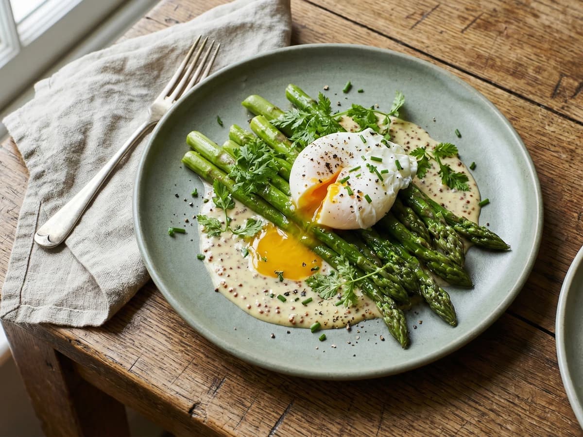 English Asparagus with a Poached Egg and Mustard Dressing - Chef Thomas